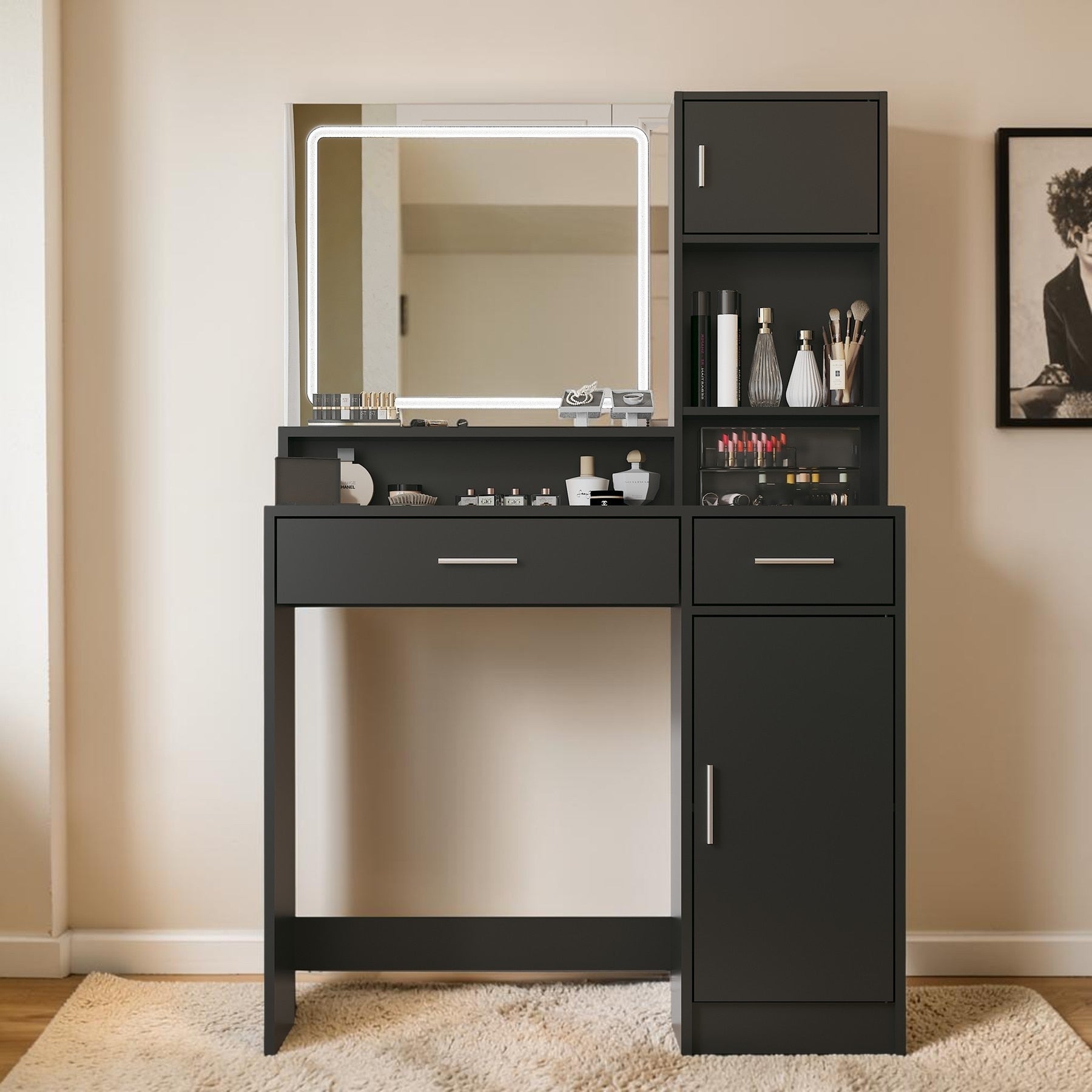 Vanity Desk With Led Mirror Large Drawer And Storage Shelves Makeup Dressing Table For Bedroom