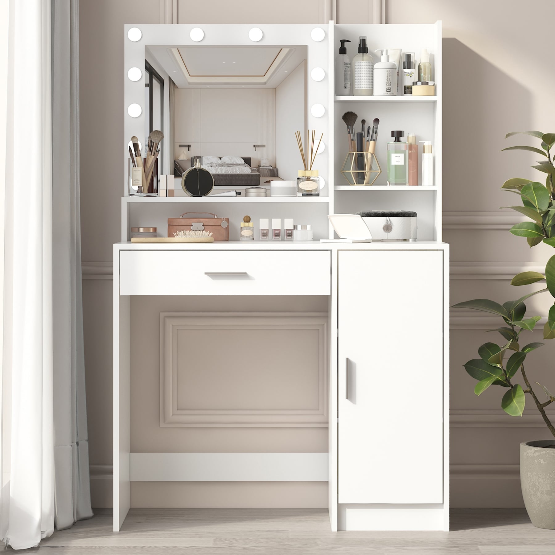 Vanity Desk With Mirror Light Large Drawer Three Level Storage Dresser 3 Lighting Modes Adjustable Brightness