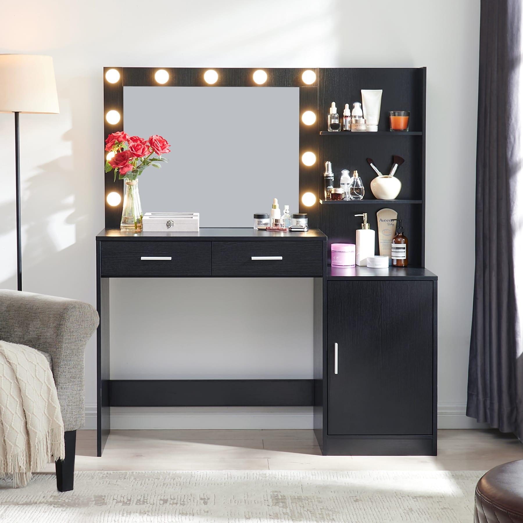 Vanity Desk With Mirror And Lights 46.4 Dressing Table With 2 Large Drawer Large Vertical Organizer 3 Level Dresser