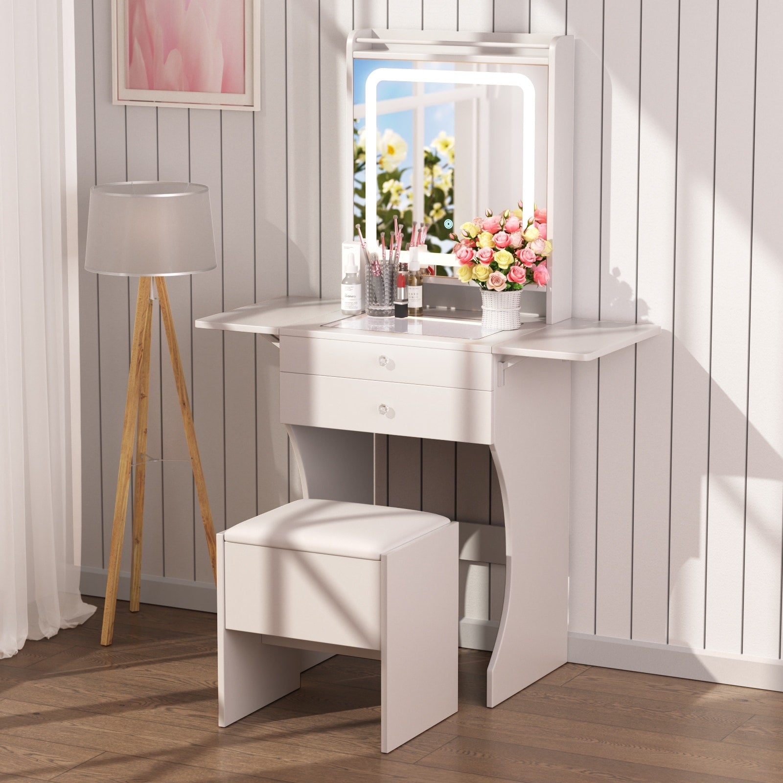 Vanity Set For Small Bedrooms Small Space Makeup Vanity With Stool Compartmentalized Drawers 20Cm Foldable Side Tables