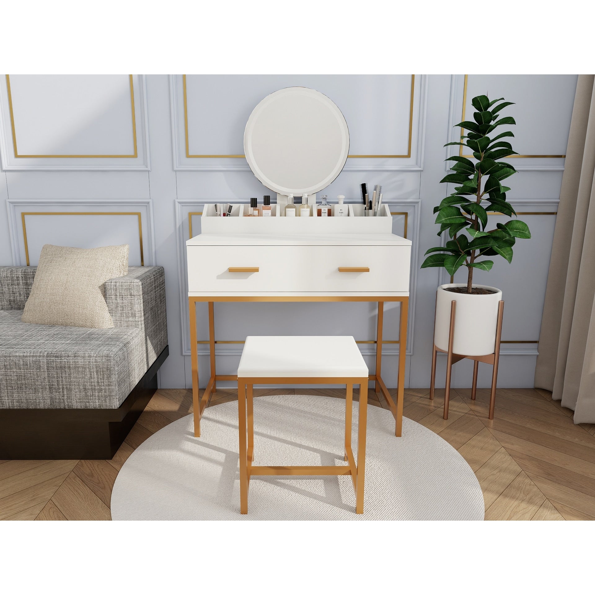 Vanity Set With Mirror And Stool Makeup Vanity Table With Storage Drawers And Organizer White And Gold Space Saving Design