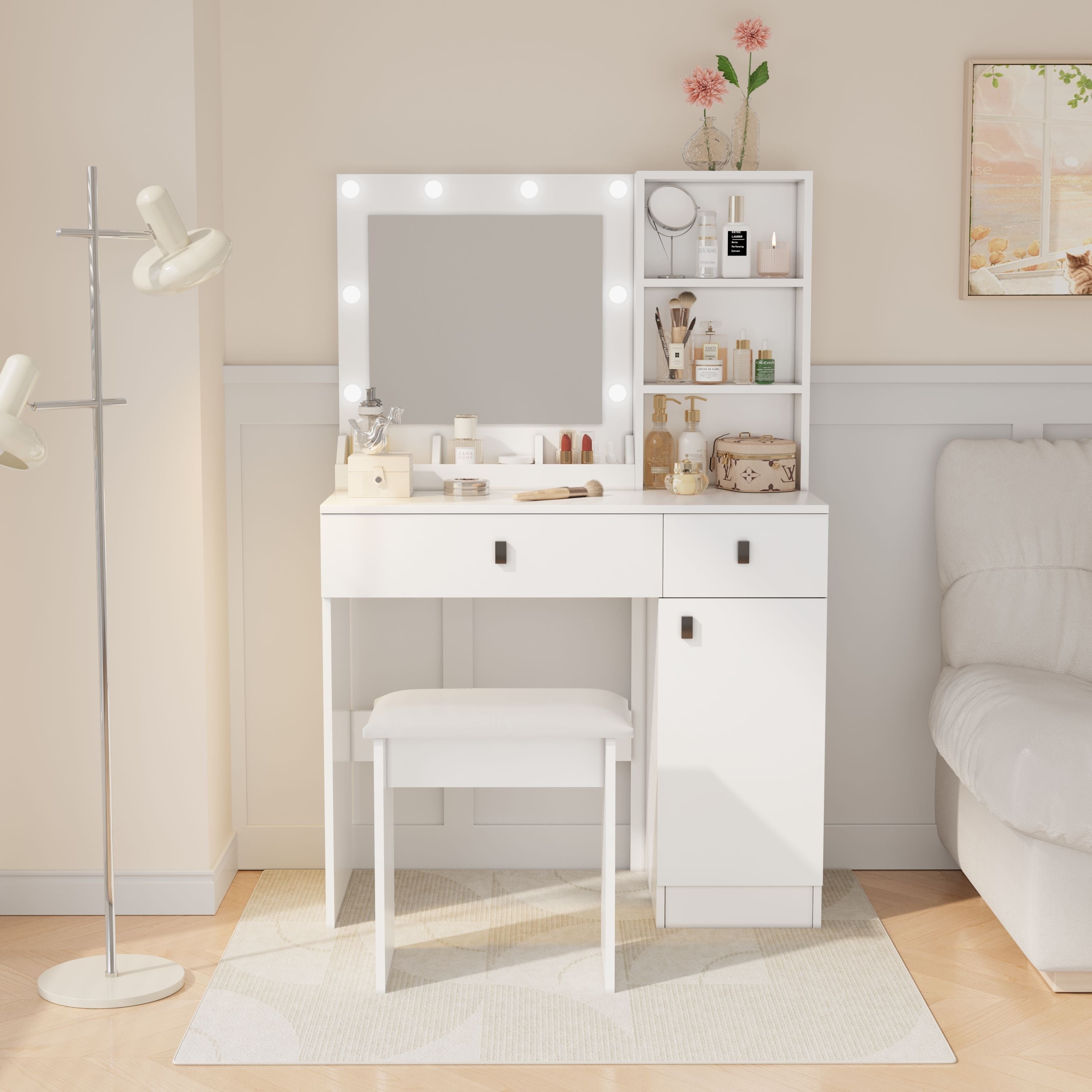 Vanity Set With Mirror Makeup Vanity Desk With Lights Large Drawers 3 Level Storage Dreeser 3 Lights Brightness Adjustable