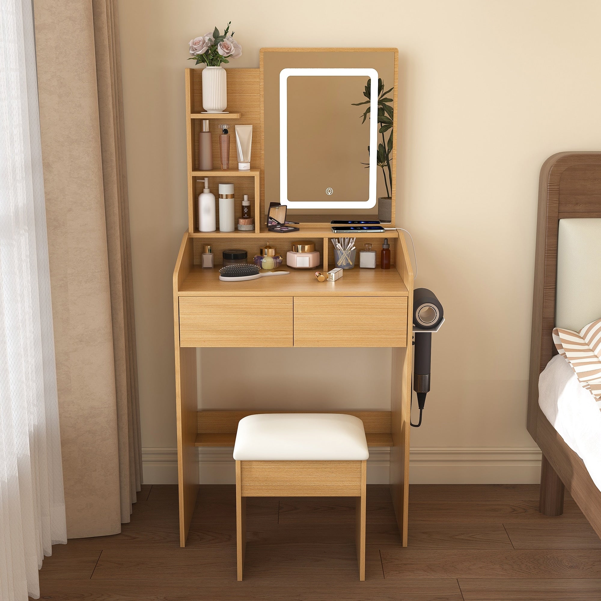 Vanity Table With Led Illuminated Mirror Power Outlet Hairdryer Holder Stool Compact Dressing Desk For Small Bedrooms