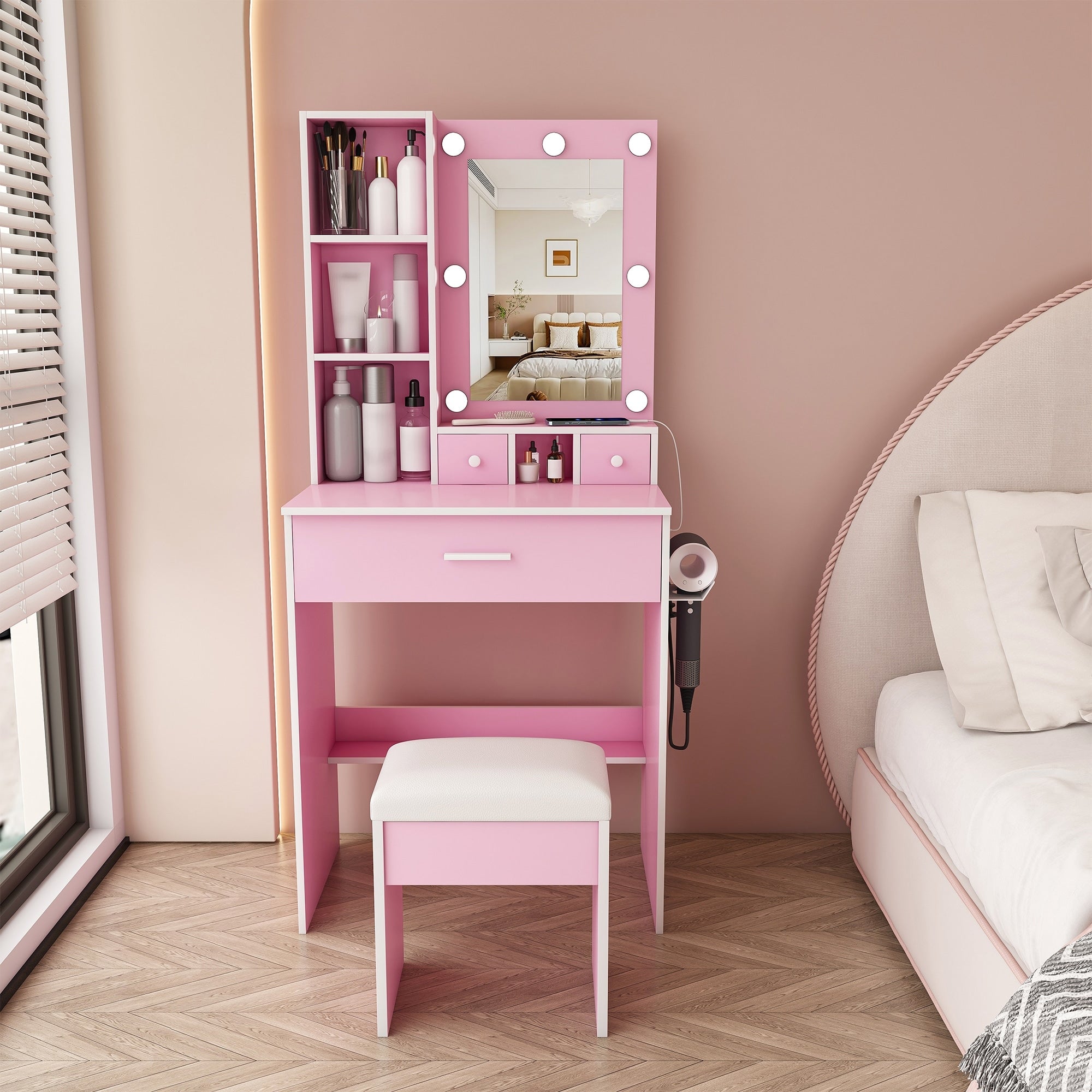 Vanity Table With Mirror Adjustable Led Lights Power Outlet Hairdryer Holder Stool Compact Dressing Desk