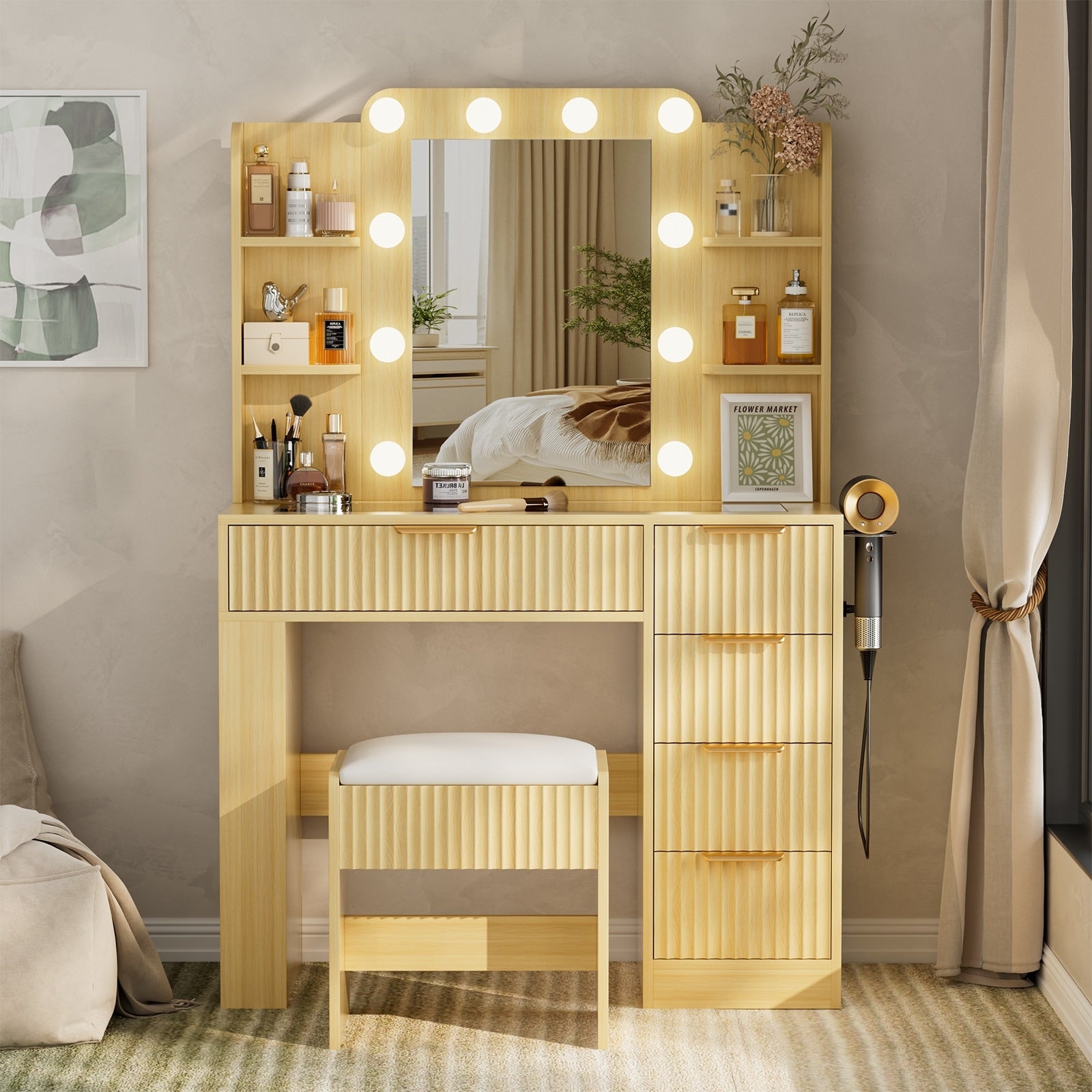 Vanity Table With Mirror And Lights Vanity Desk And Cushioned Stool Set With Charging Station Storage Drawers