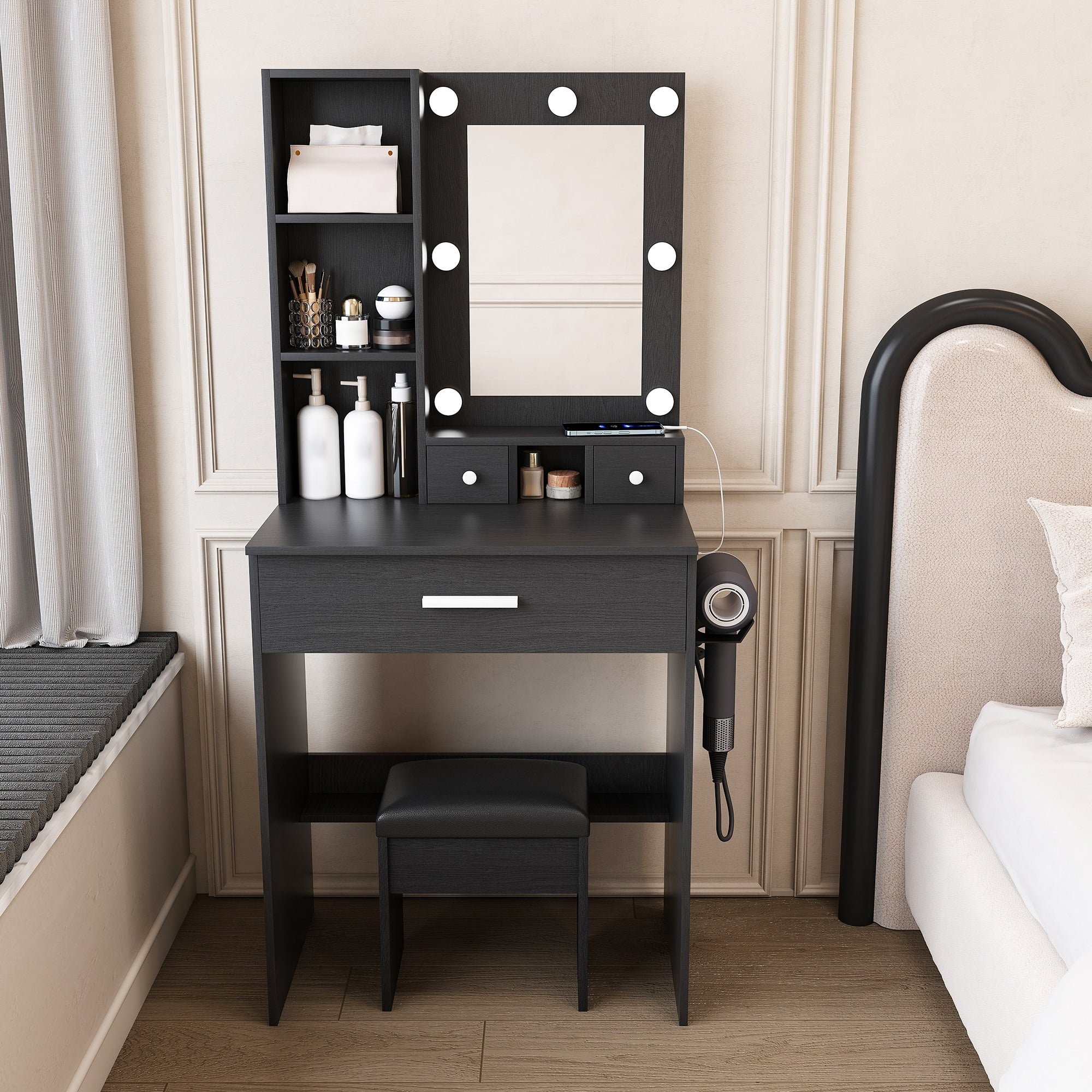 Vanity Table With Mirror Adjustable Led Lights Power Outlet Hairdryer Holder Stool Compact Dressing Desk For Small Bedrooms