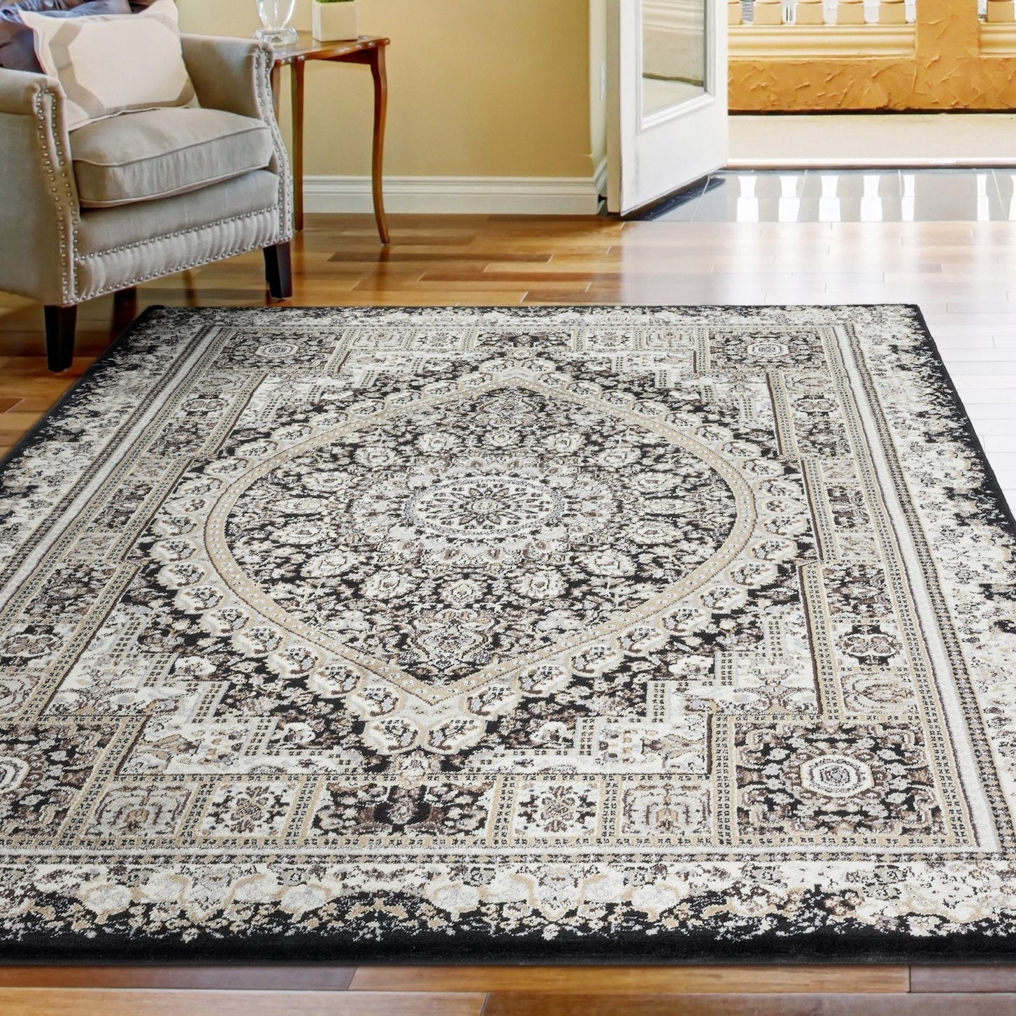 Vaso Collection Black Cream Area Rug