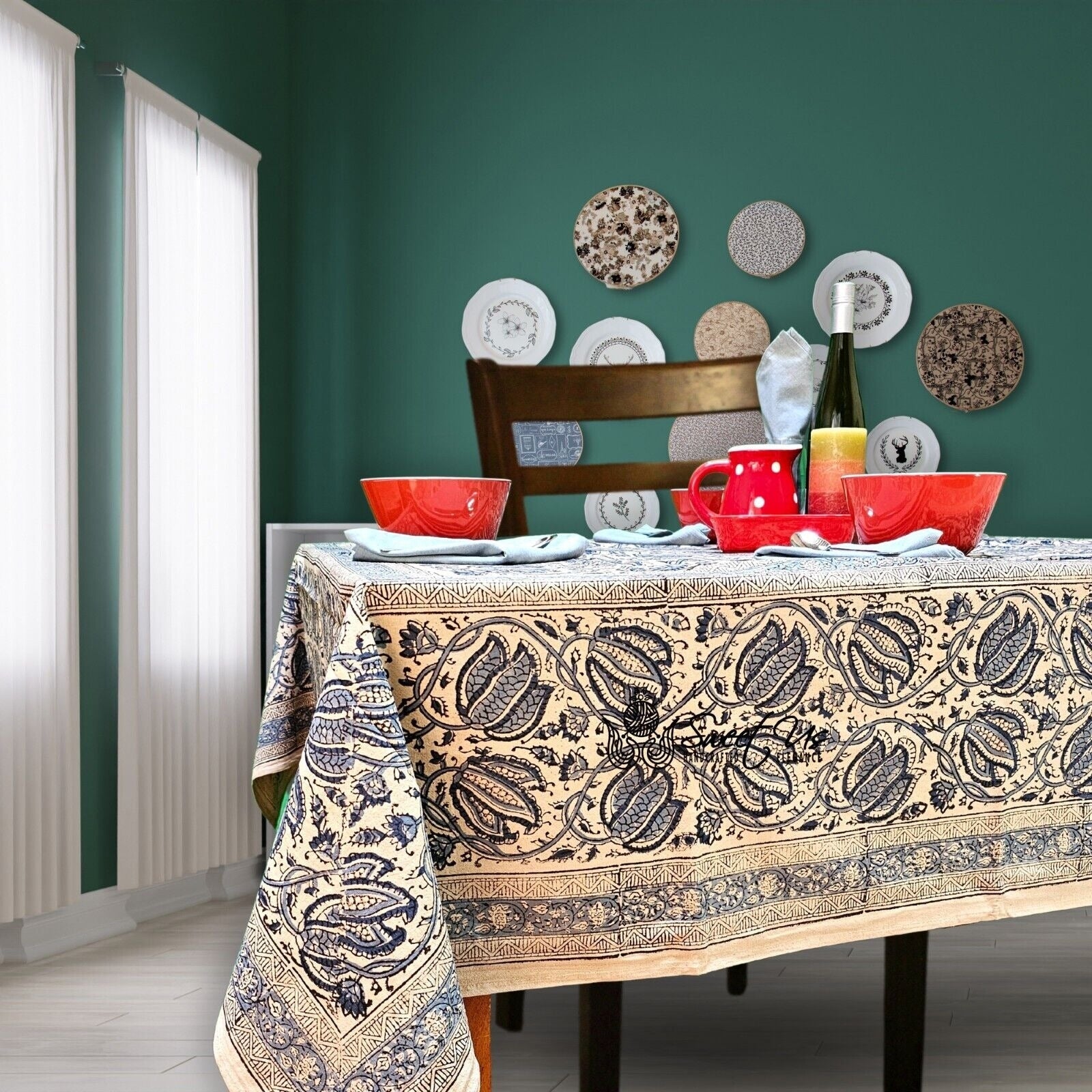 Vegetable Dye Block Print Cotton Tablecloth Rectangular Square Round Napkins Placemats Blue Green Red