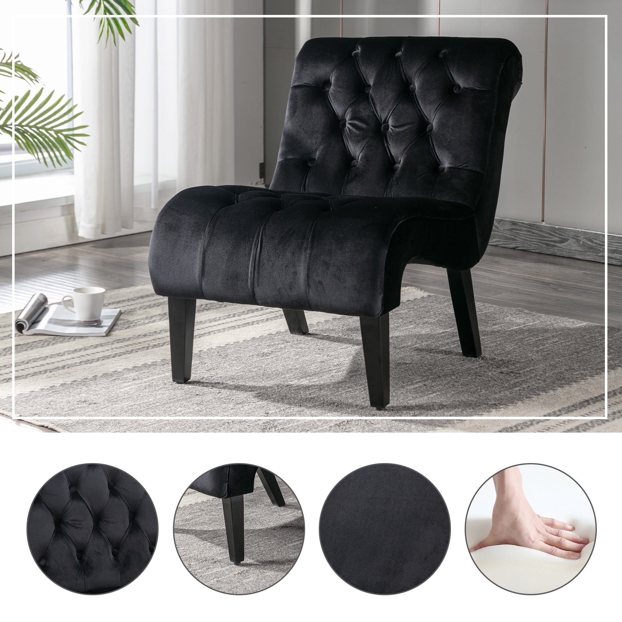 Velvet Armless Accent Leisure Chair Upholstered Fabric Button Comfortable Chair With Wooden Legs For Bedroom