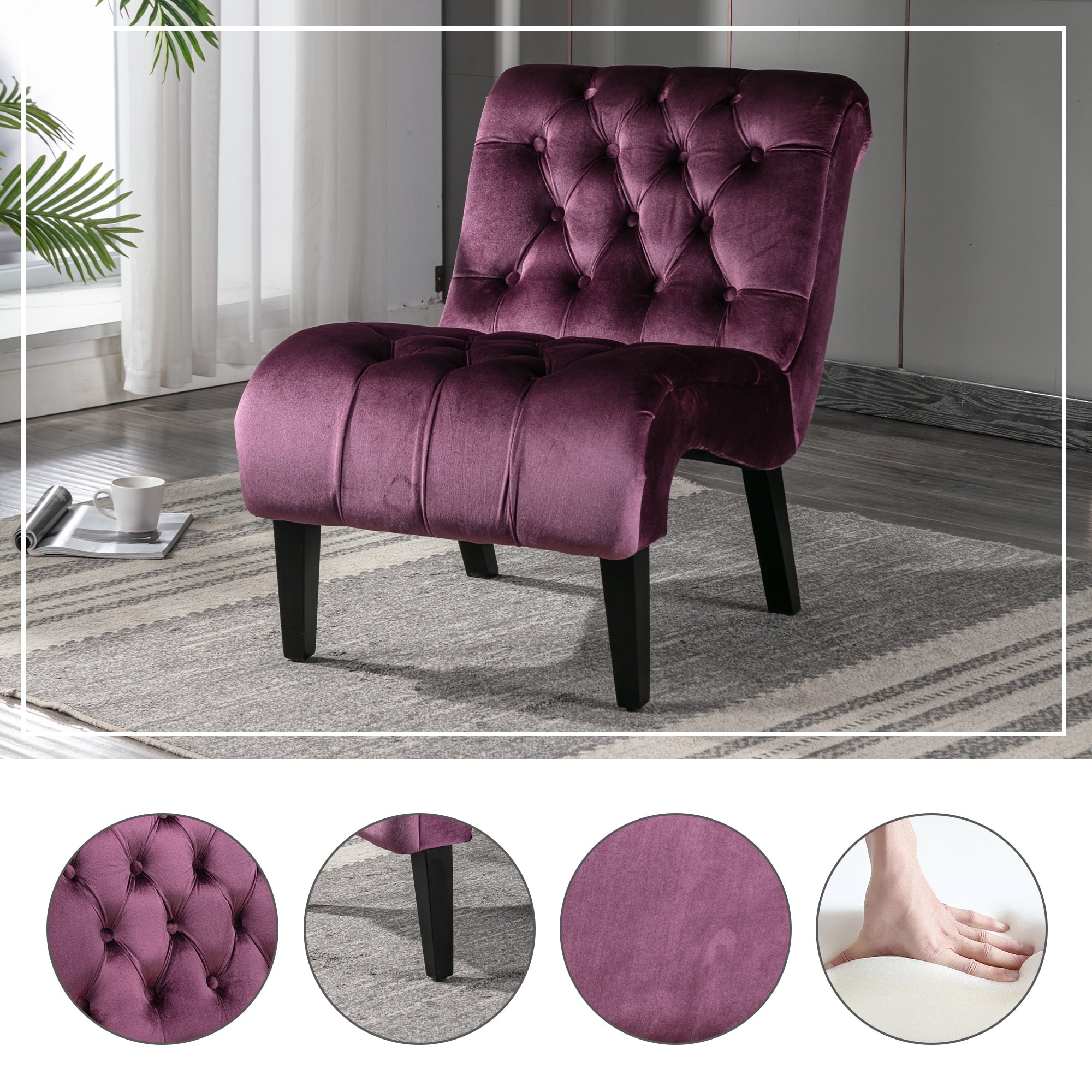 Velvet Armless Accent Leisure Chair Upholstered Fabric Button Comfortable Chair With Wooden Legs For Bedroom