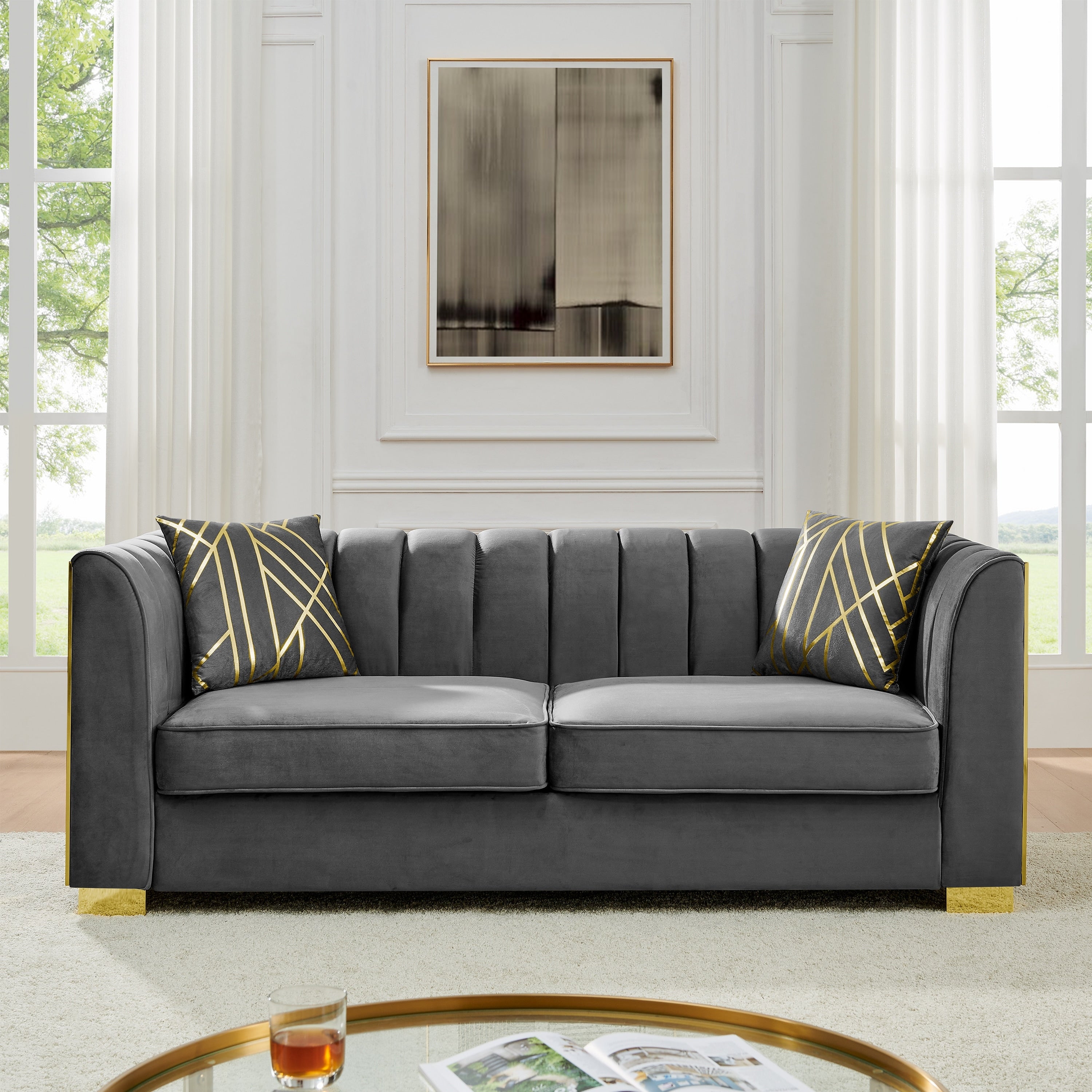Velvet Chesterfield 3 Seater Sofa Button Tufted Upholstered Sofa Lounge Sofa With Stainless Steel Accents Metal Legs