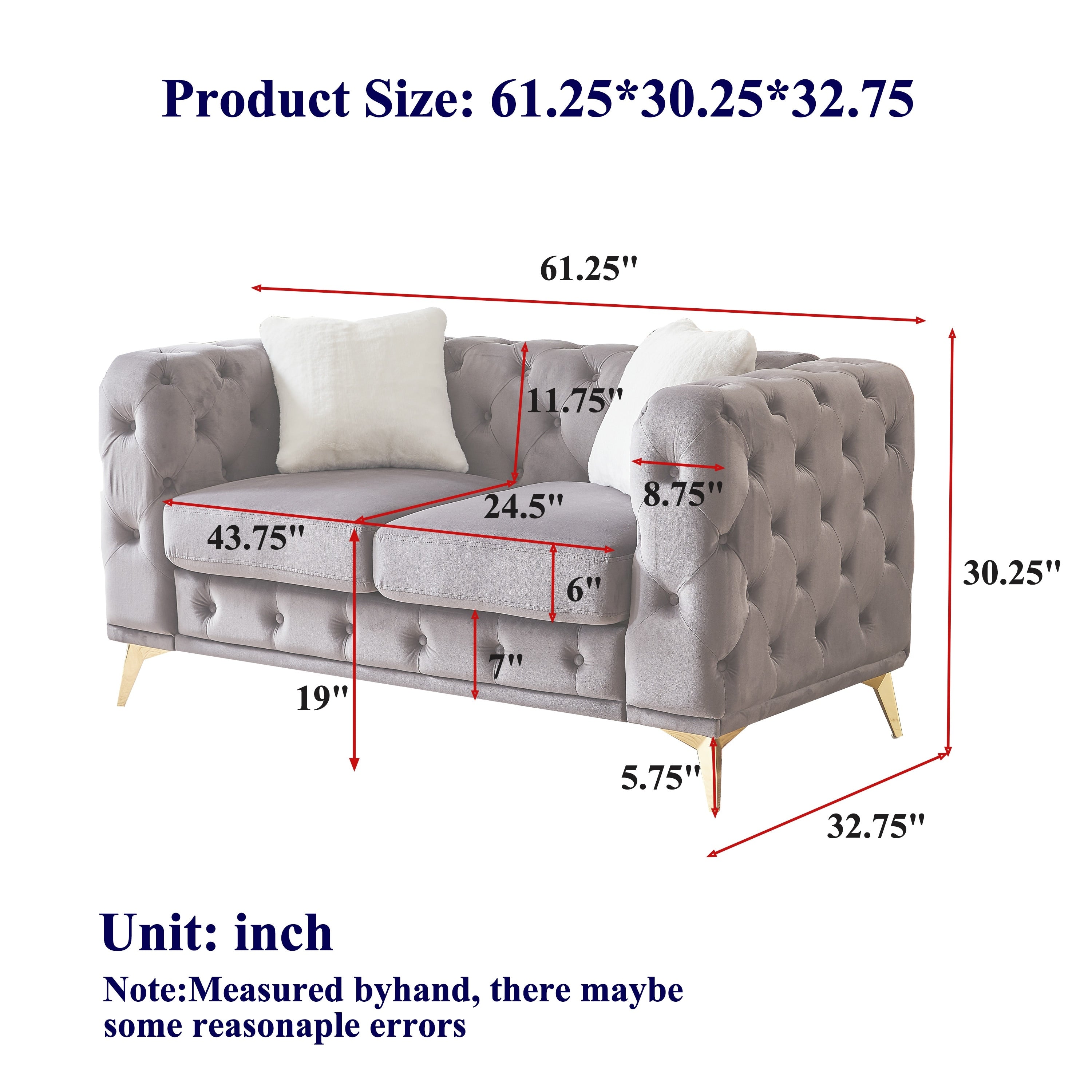 Velvet Chesterfield Loveseat Sofa Tufted Button Upholstered 2 Seater Sofa Lounge Sofa Chair With 2 Pillows Metal Legs