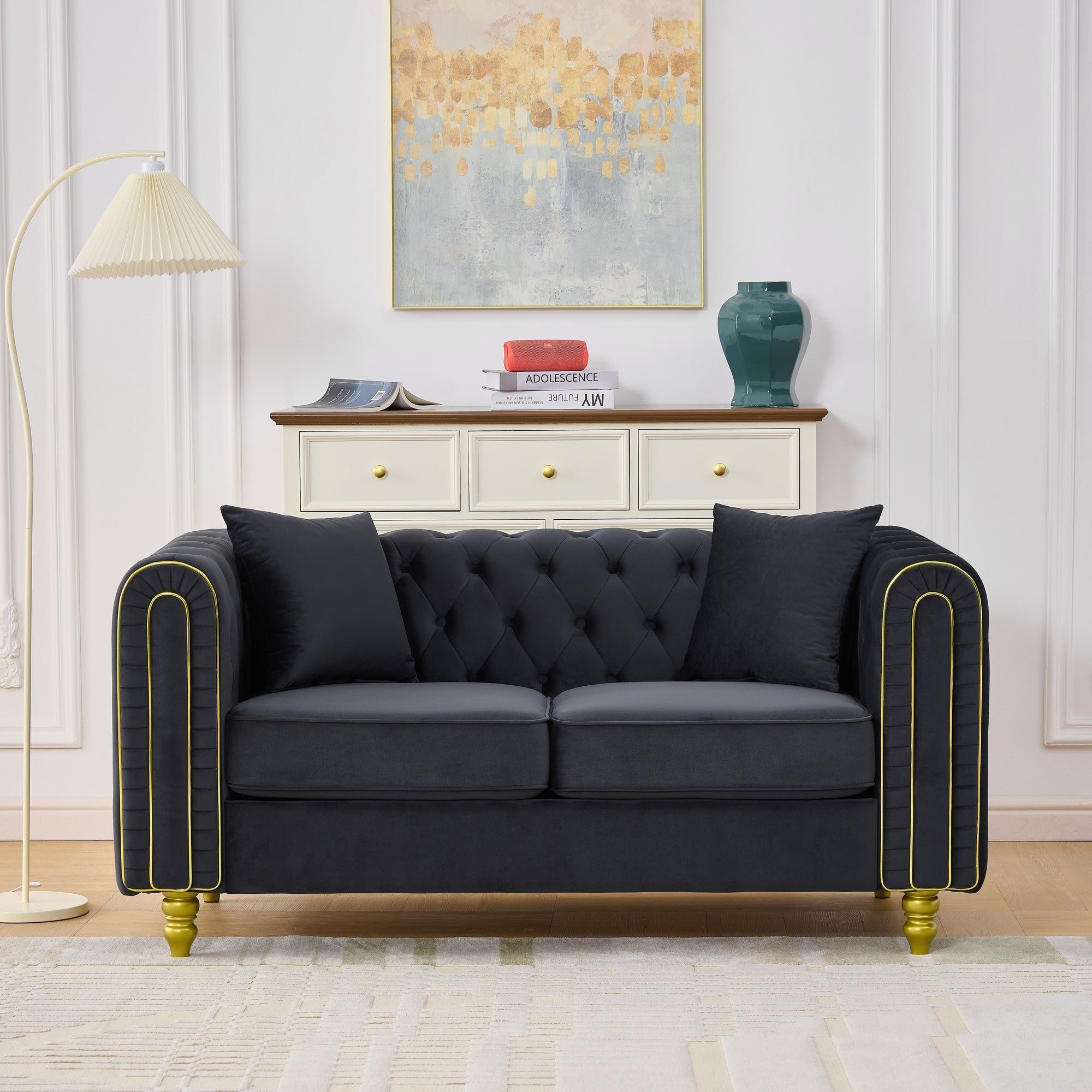 Velvet Chesterfield Loveseat Button Tufted Rolled Arms With Gold Trim 600Lb Capacity