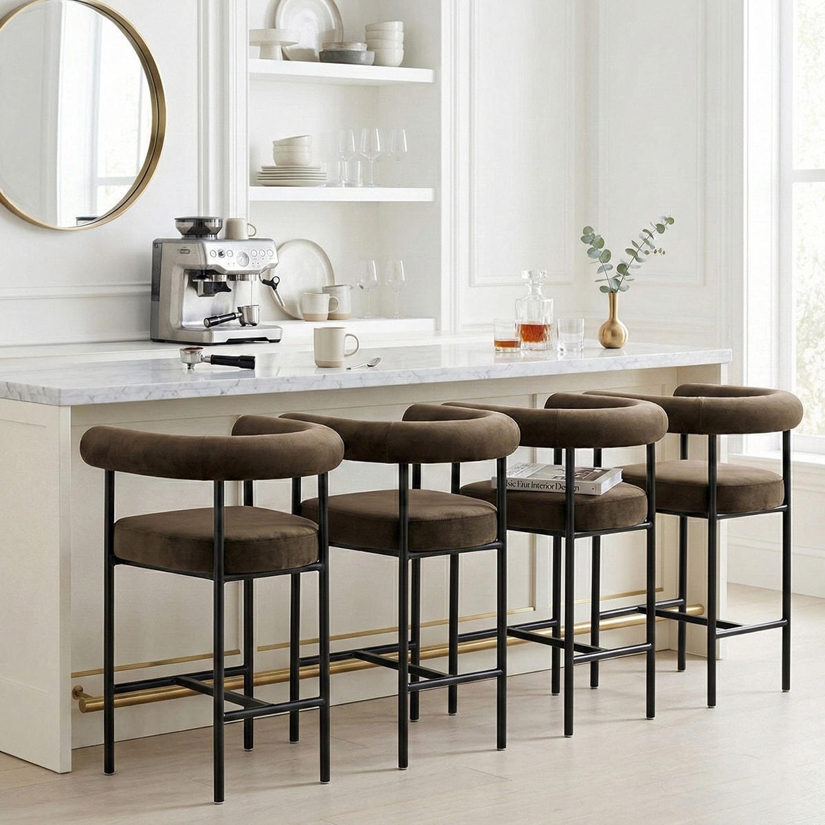 Velvet Counter Height Bar Stools With Arms Curved Back Metal Frame Set Of 4