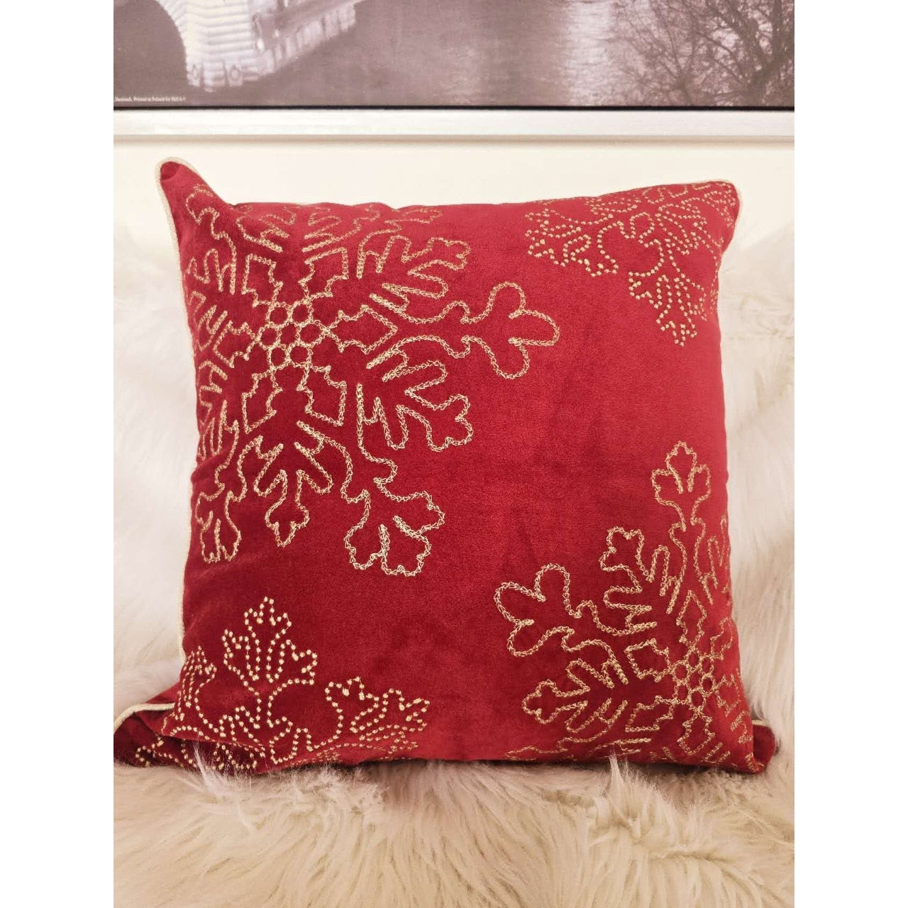Velvet Holiday Throw Pillow 20X20 With Silver Snowflake Embroidery And Insert Set Of 2