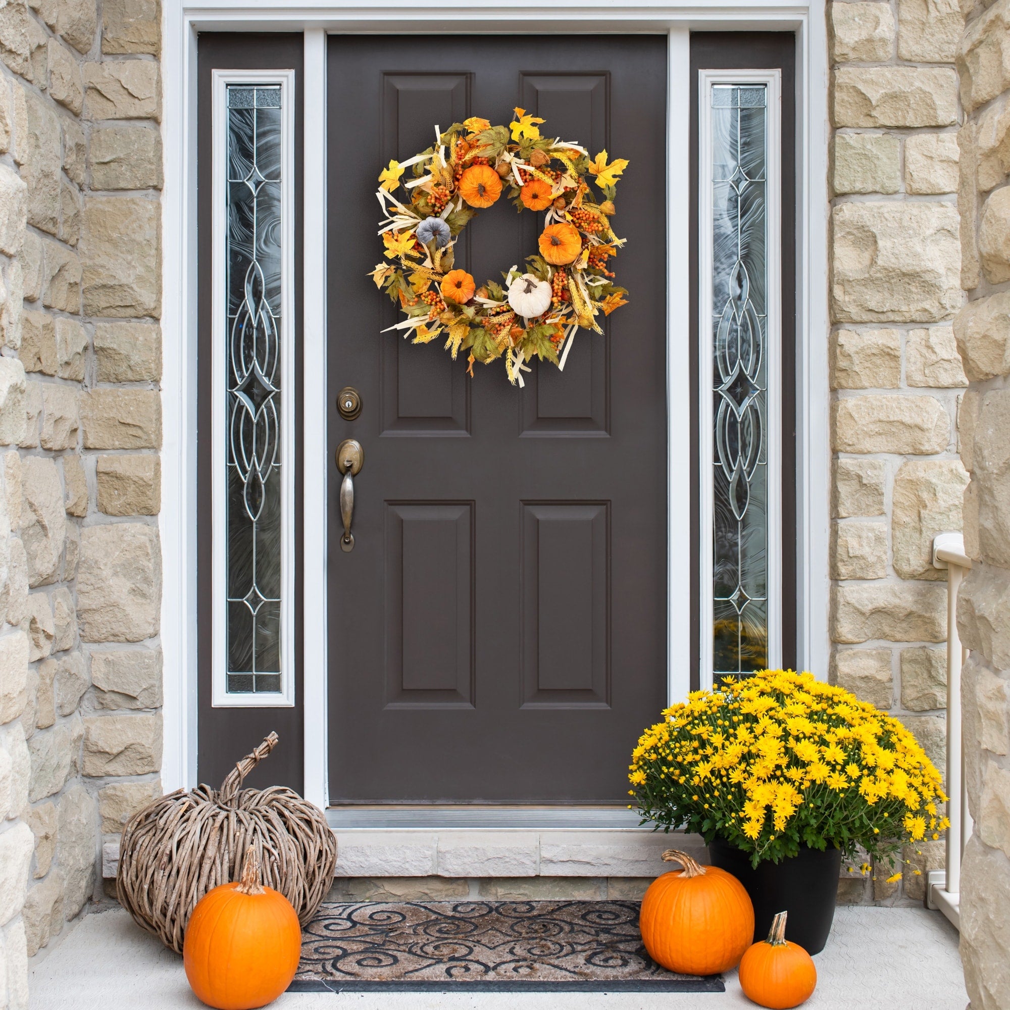 Velvet Pumpkins And Wheat Artificial Fall Harvest Wreath 24 Inch Unlit