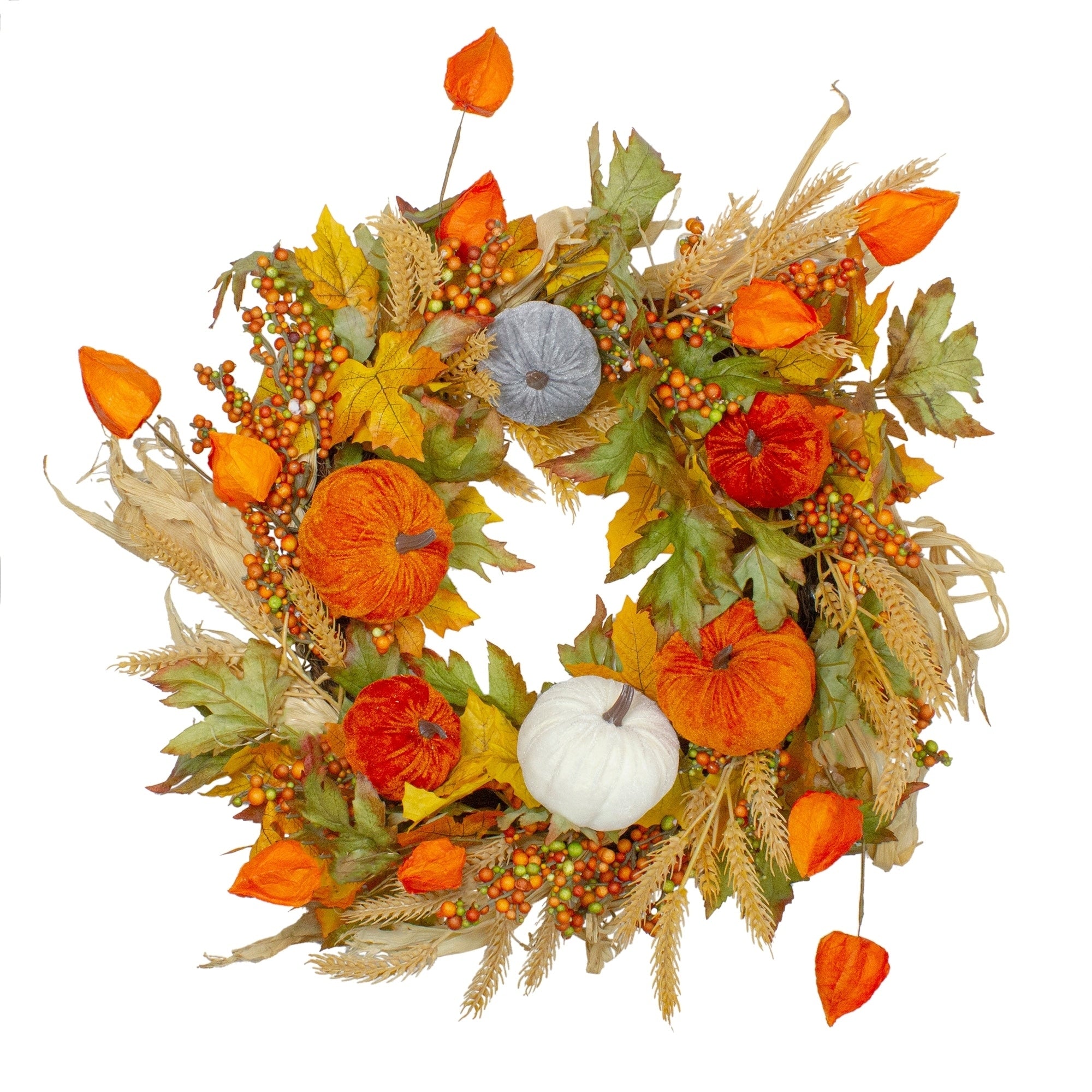 Velvet Pumpkins And Wheat Artificial Fall Harvest Wreath 24 Inch Unlit N A