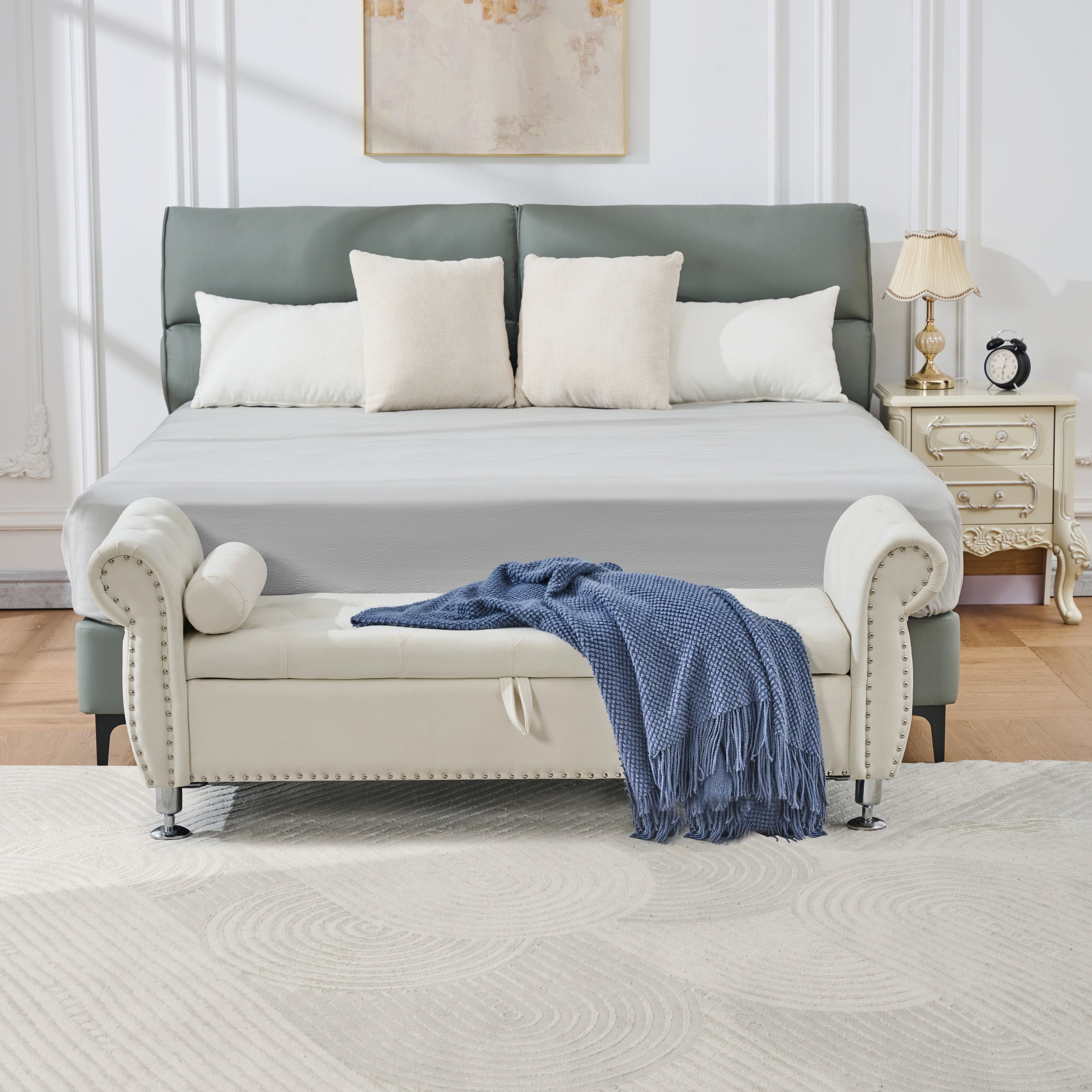 Velvet Storage Bench End Of Bed Bench With Crystal Buttons Vanity Bench Beige Leisure Bench Accent Bench With 1 Pillow