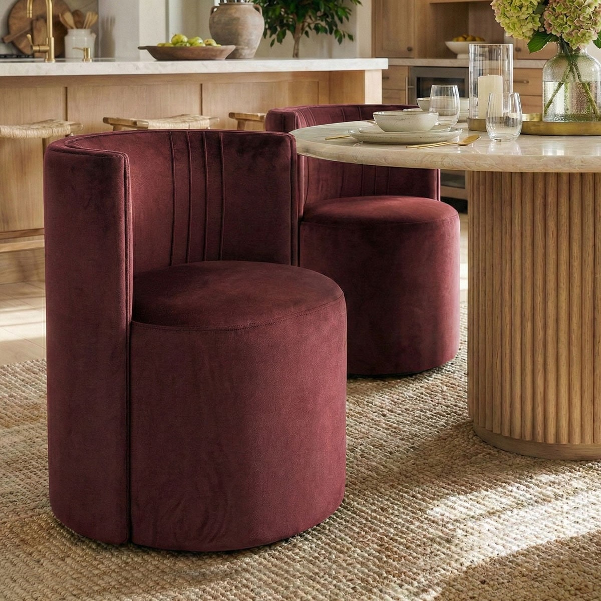 Velvet Swivel Dining Chairs With Rolling Casters Upholstered Barrel Back Dining Armchairs