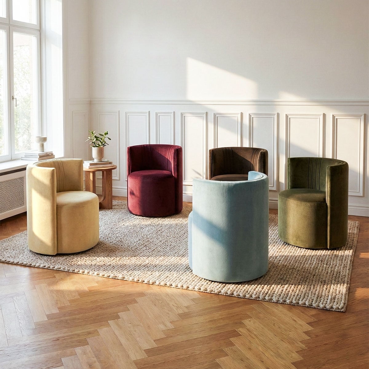 Velvet Swivel Rolling Barrel Armchair With Casters