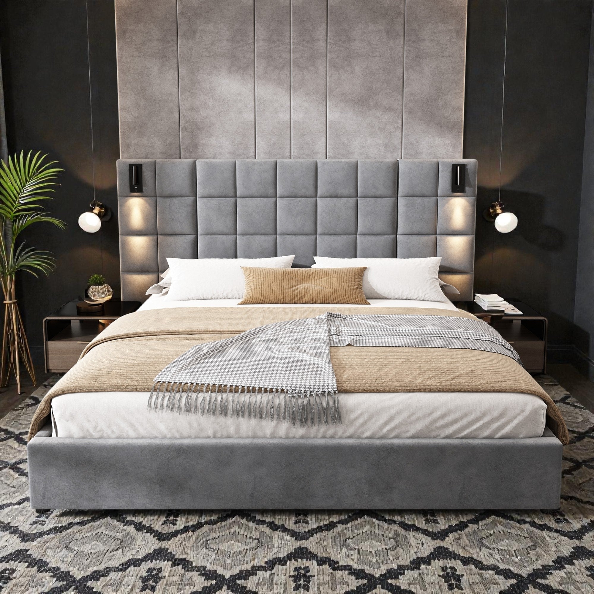 Velvet Upholstered Bed Frame With Wide Headboard Wall Sconce With Usb Port No Box Spring Needed