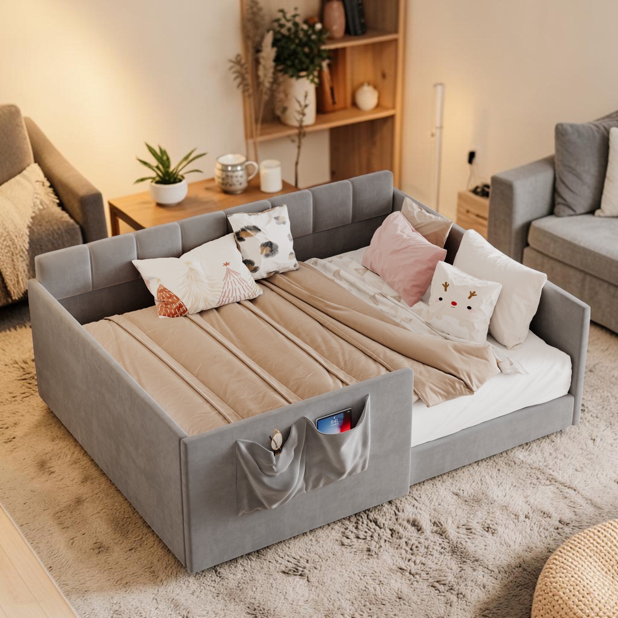 Velvet Upholstered Daybed With Side Entrance And Storage Pockets Space Saving Sofa Bed For Guest Room