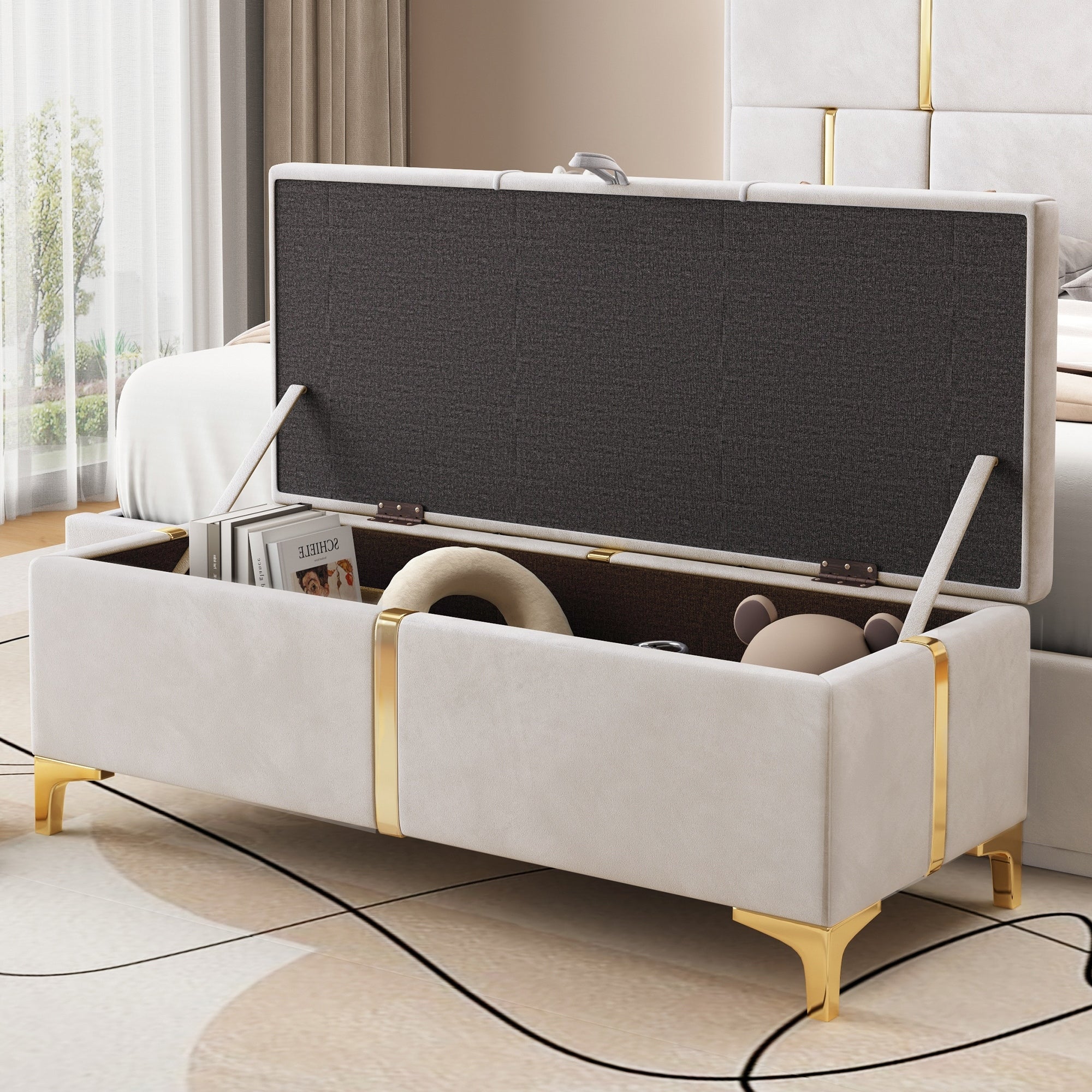 Velvet Upholstered Storage Ottoman Storage Bench With Metal Legs Entryway Bench With Hidden Storage For Bedroom Living Room