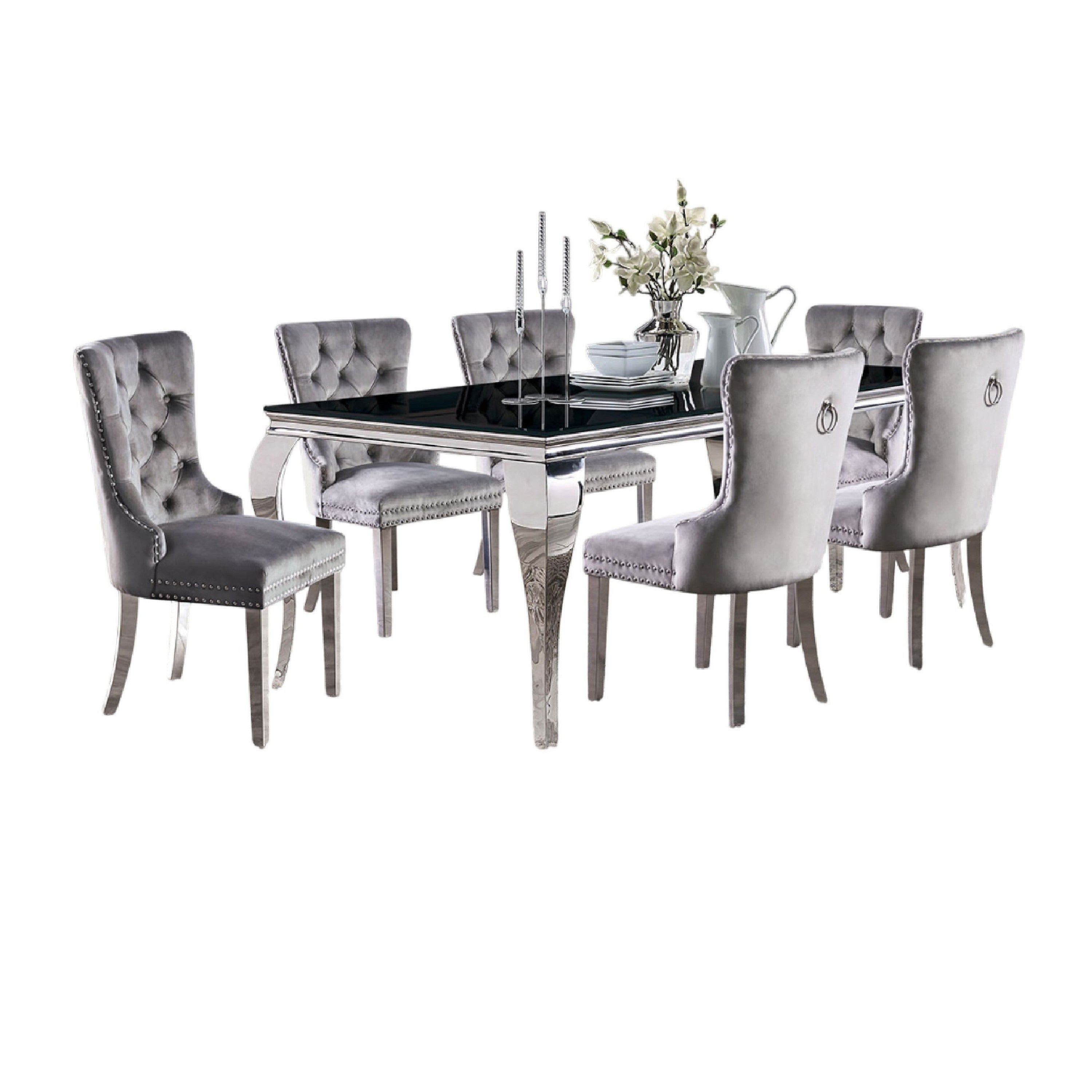 Vendy 7Pc Dining Set With Tempered Glass Table Gray Wingback Chairs