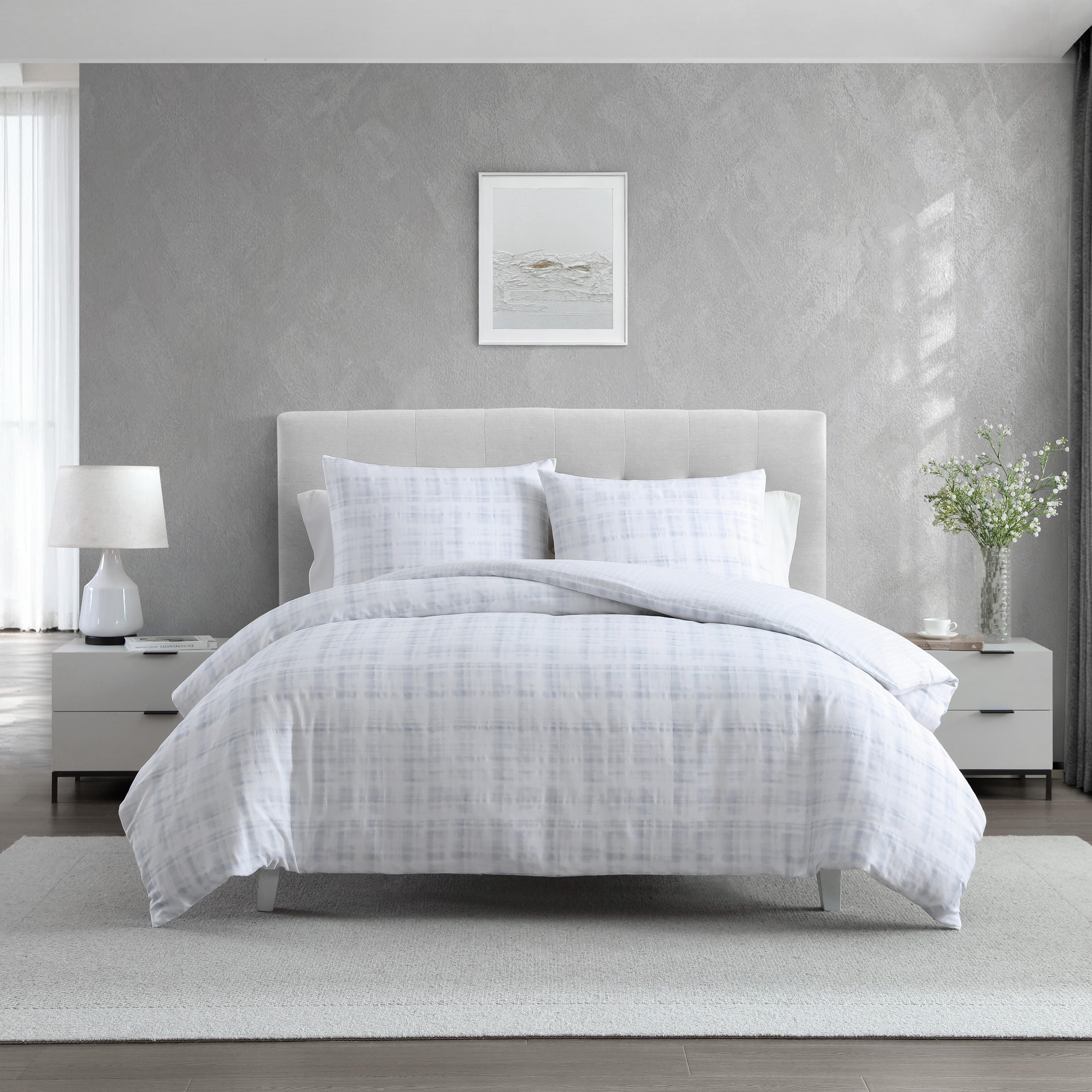 Vera Wang Blurred Plaid Cotton Sateen Textured Reversible Duvet Cover Set Blue 3 Piece