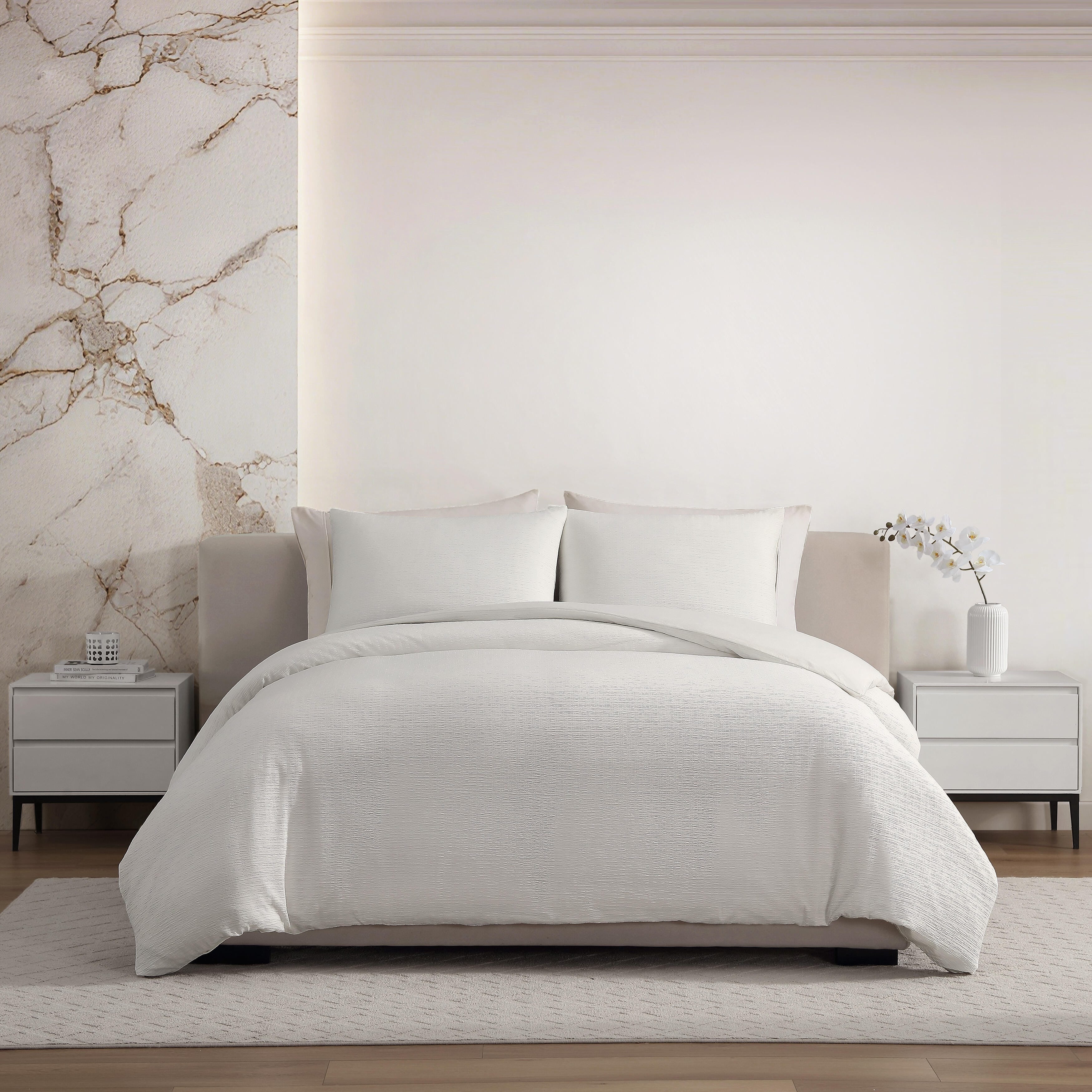 Vera Wang Crinkle Textured Reversible Duvet Cover Set Minimal Design White 3 Piece
