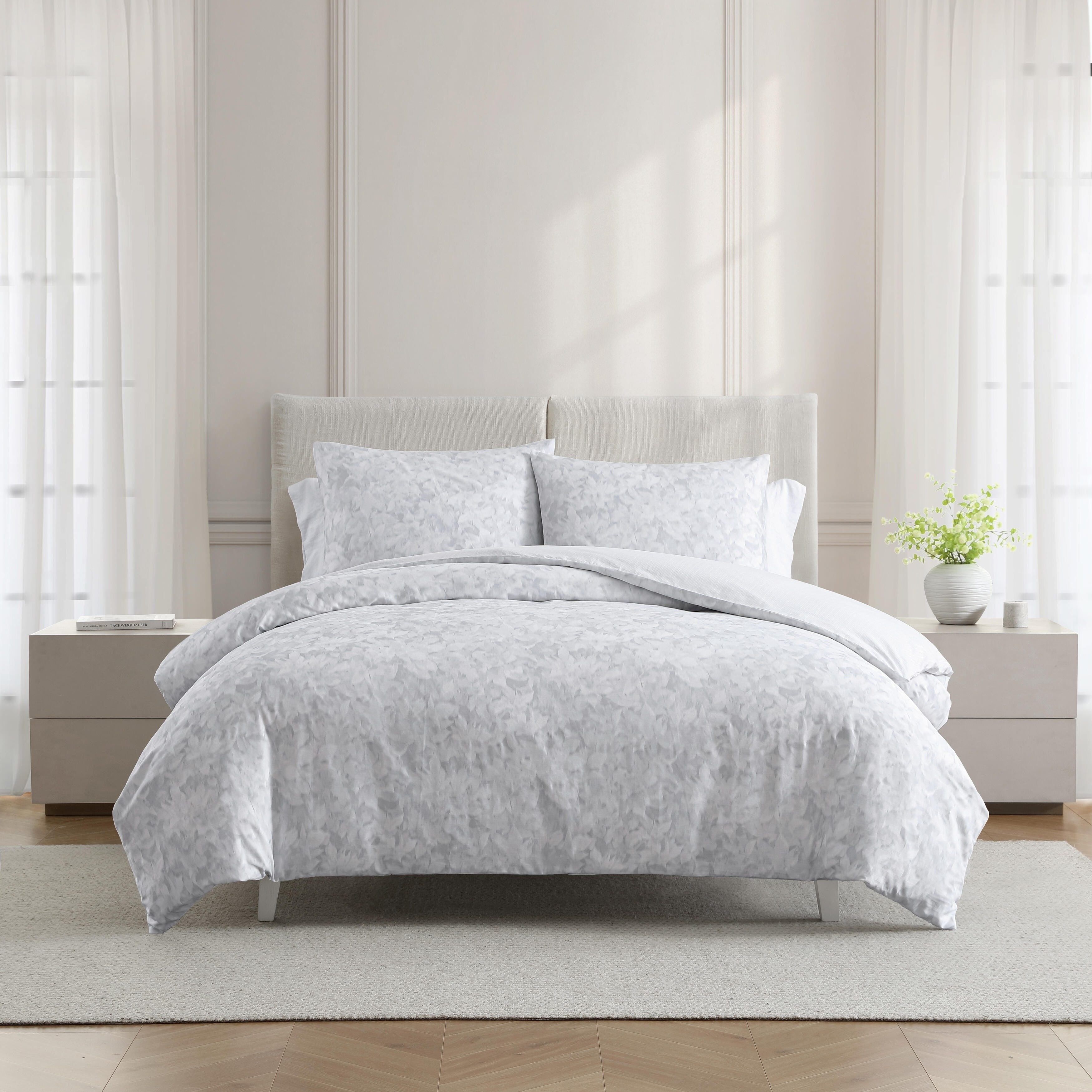 Vera Wang Nebulous Flower Cotton Sateen Textured Reversible Duvet Cover Set Grey 3 Piece