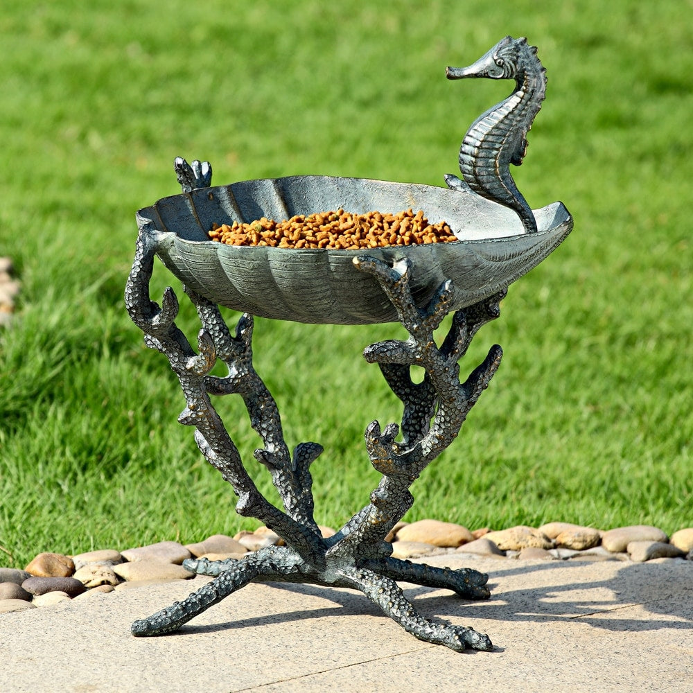 Verdigris Finish Aluminum Seahorse Birdbath Bird Feeder 18 X 13.5 X 12.5 Inches