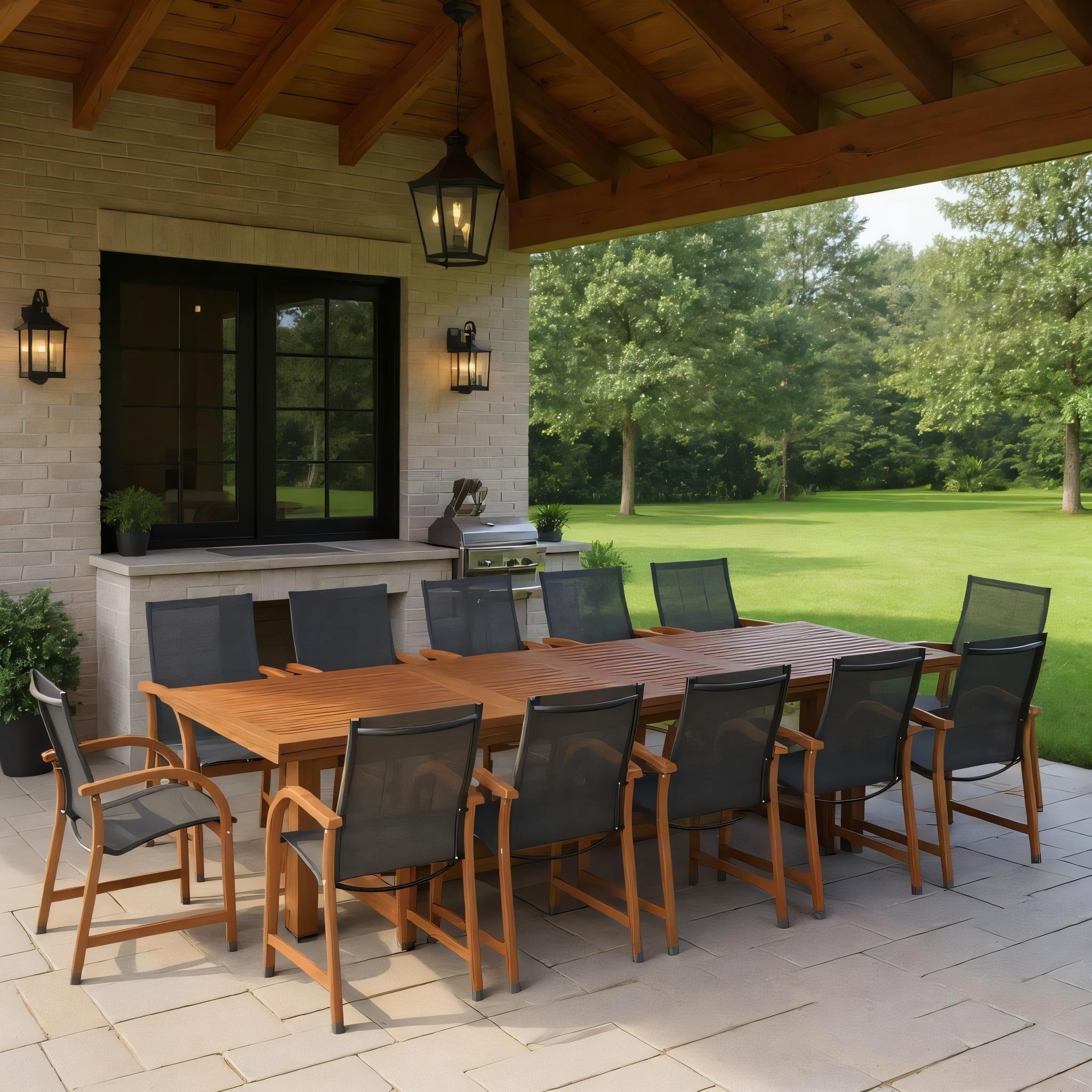 Vero 13 Piece Outdoor Rectangular Extendable Dining Table And Chairs Set Eucalyptus Wood Ideal For Patio Brown 13 Pc