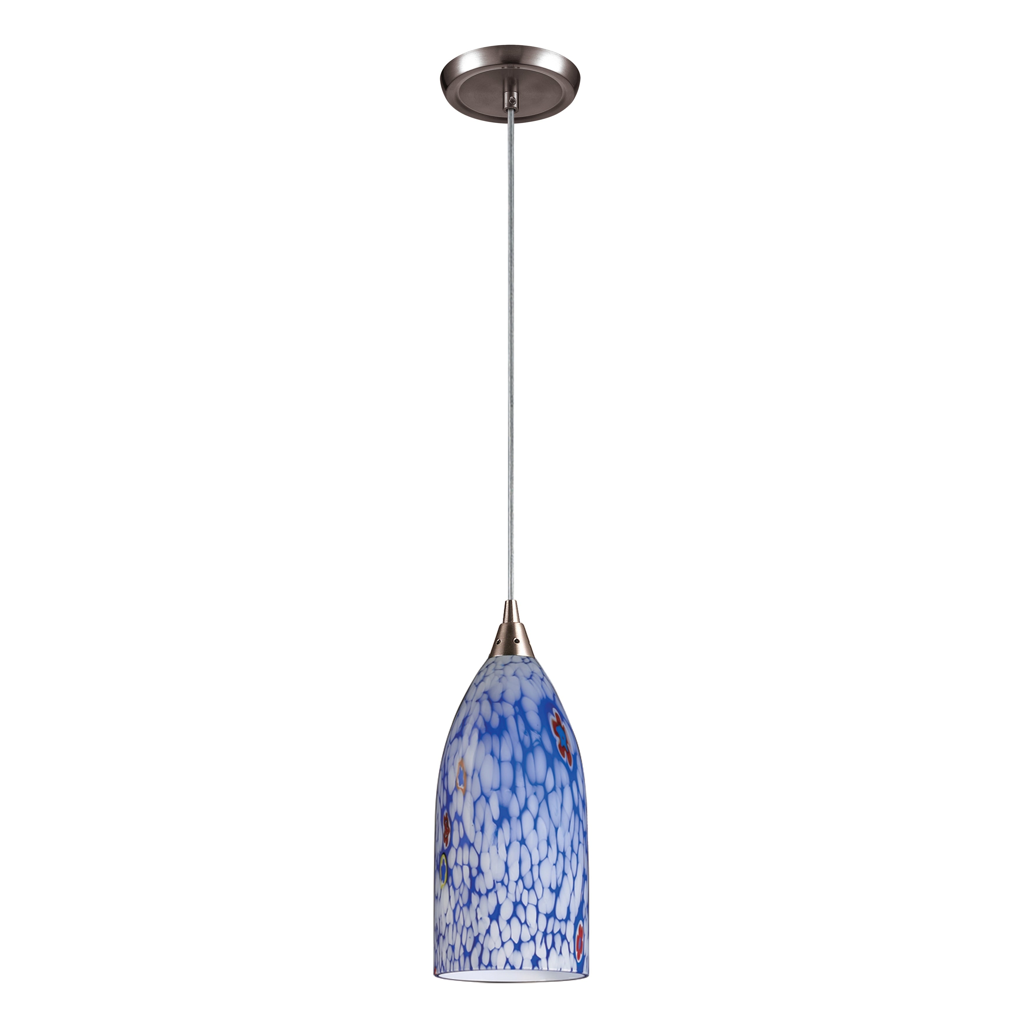 Verona 5 Inch Wide 1 Light Pendant In Satin Nickel With Starburst Blue Glass 5In W X 5In D X 12In H
