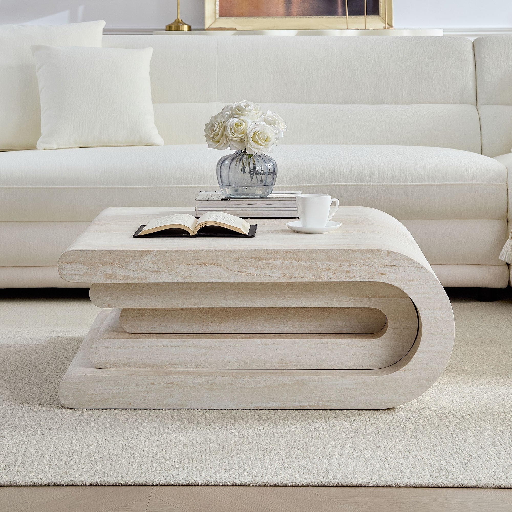 Verona Coffee Table Mdf With Faux Travertine Finish And Layered Base Design By Gdfstudio