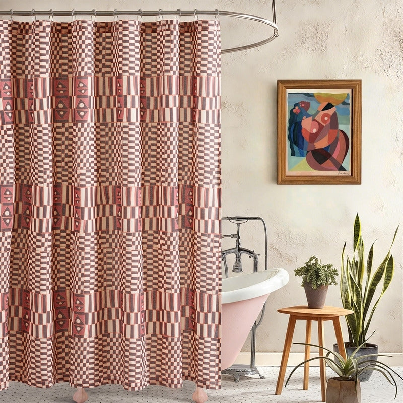 Verona Geometric Burgundy Cotton Fabric Shower Curtain By Jungalow