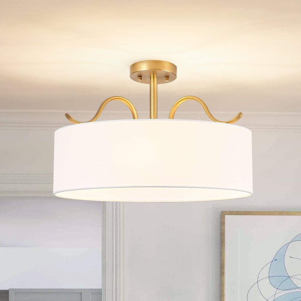 Versatile 3 Light Large Drum Fabric Lantern Semi Flush Pendant Light