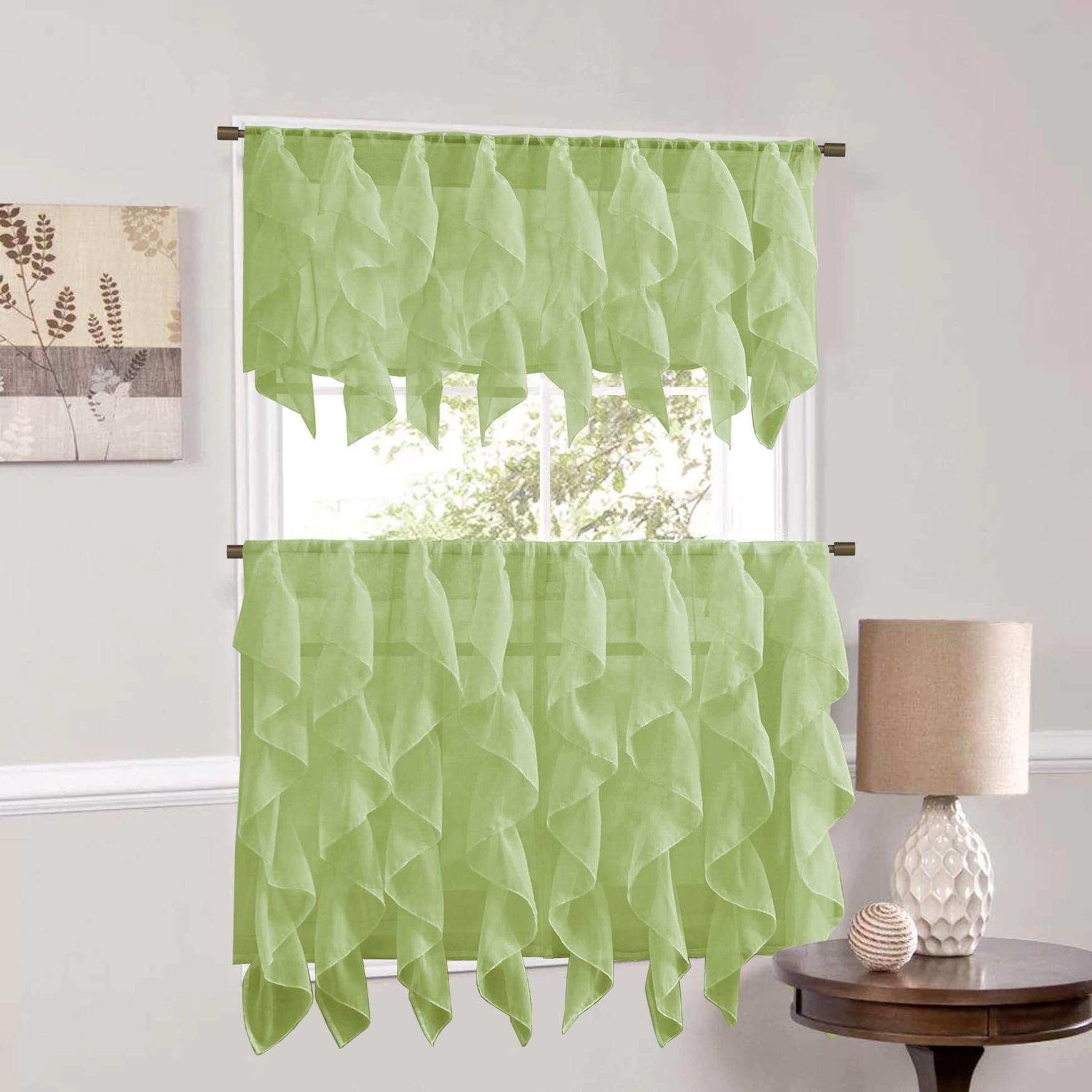 Sweet Home Collection Sage Vertical Ruffled Waterfall Valance And Curtain Tiers