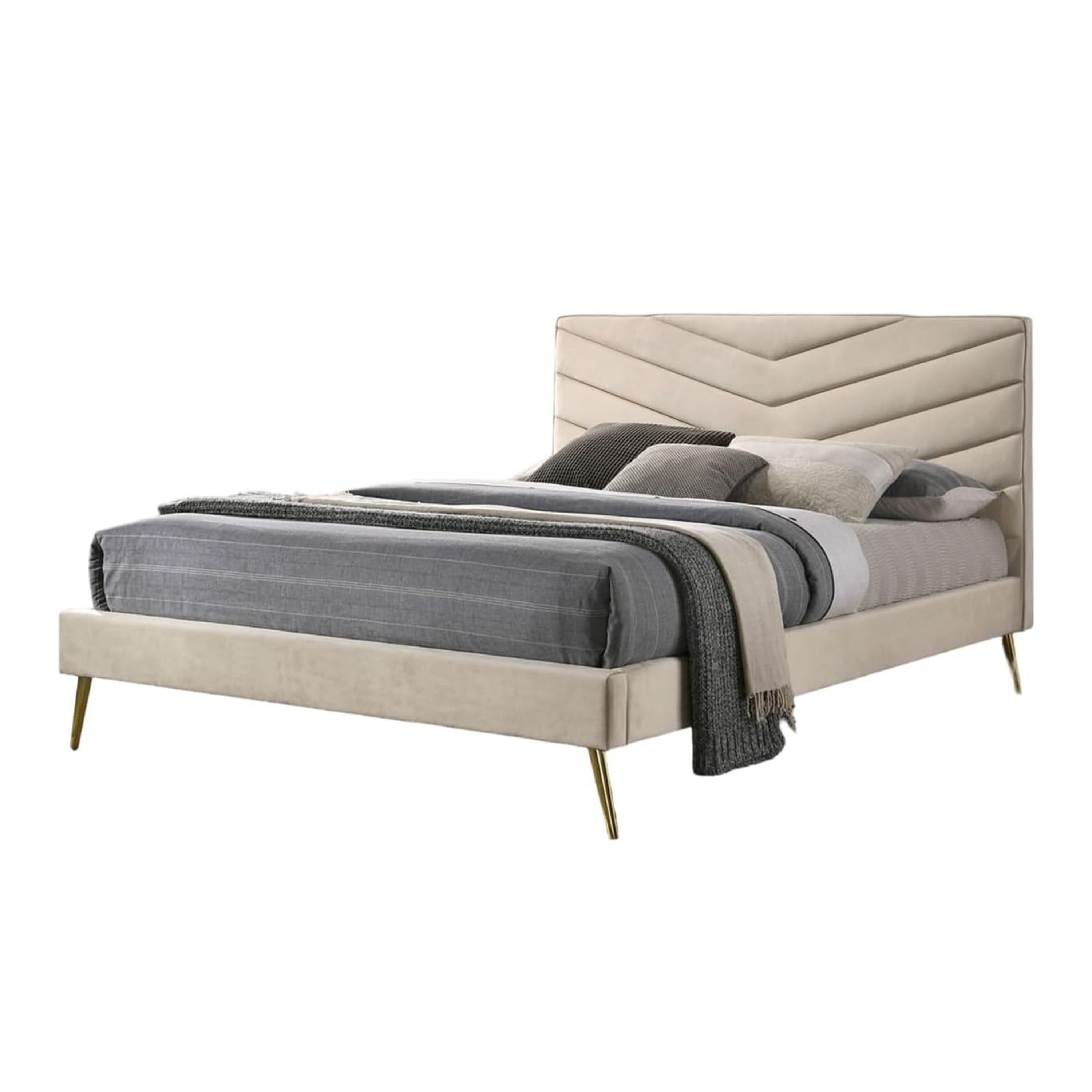 Vevy Twin Size Bed Chevron Tufted Beige Flannelette Upholstery