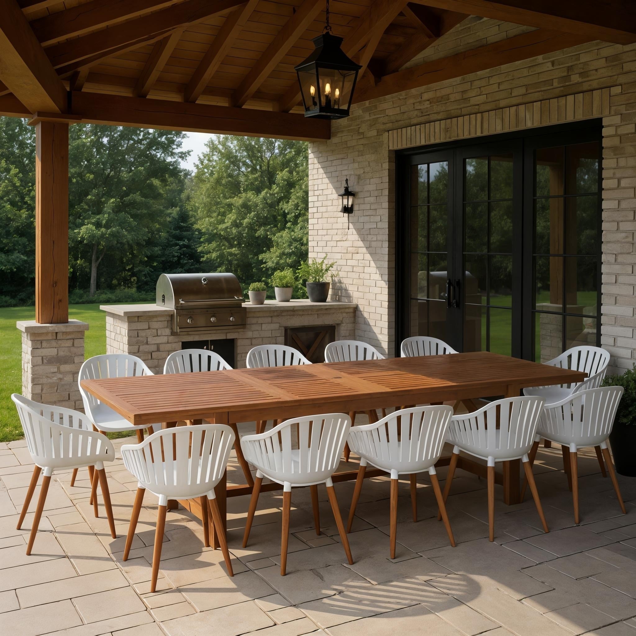 Vian 13 Piece Outdoor Rectangular Extendable Dining Table And Chairs Set Eucalyptus Wood Ideal For Patio 13 Pc