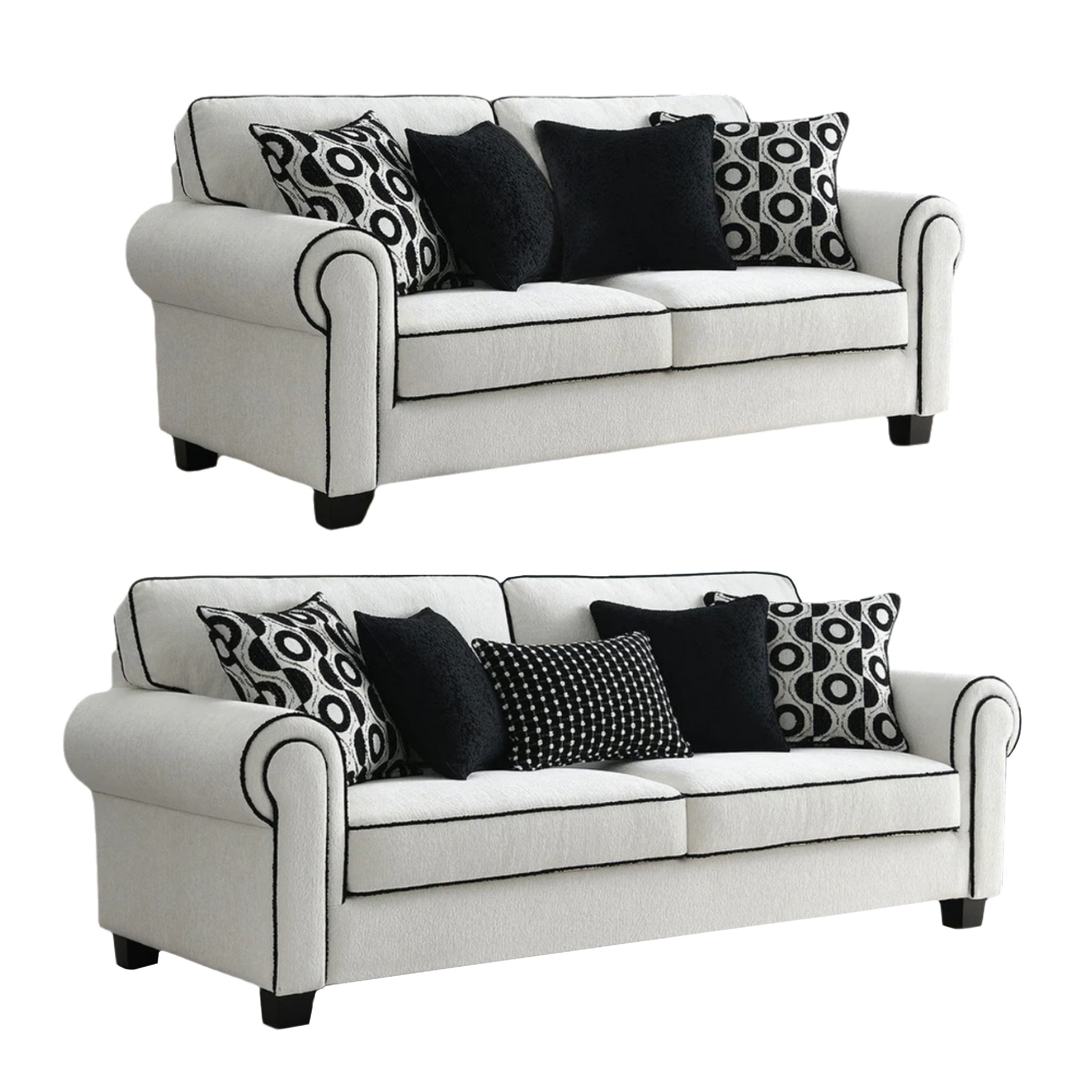 Viani Sofa And Loveseat Set Rolled Arms 9 Pillows White Chenille