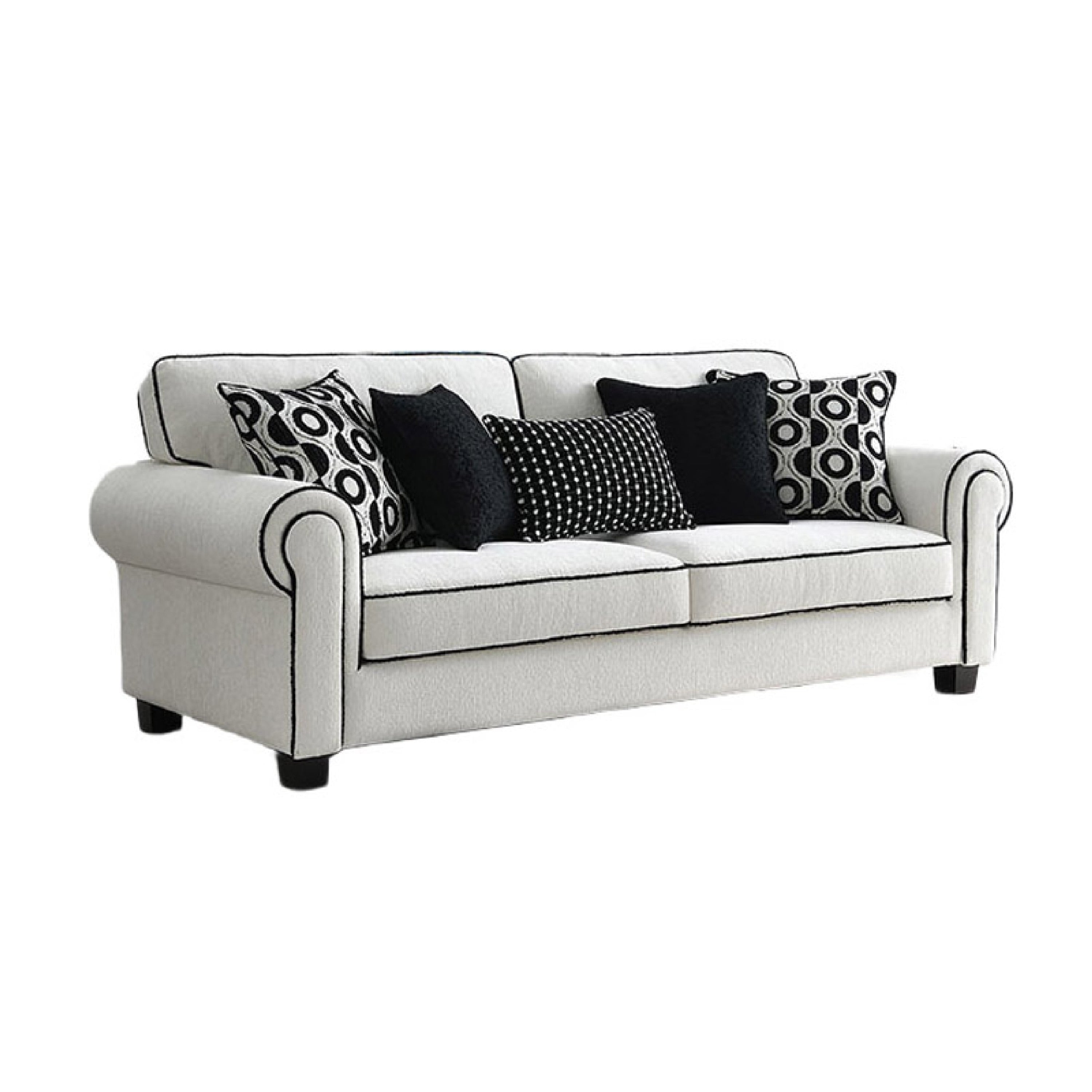 Viani Sofa Roll Arms Flange Trim 5 Pillows White Chenille 87 Inch