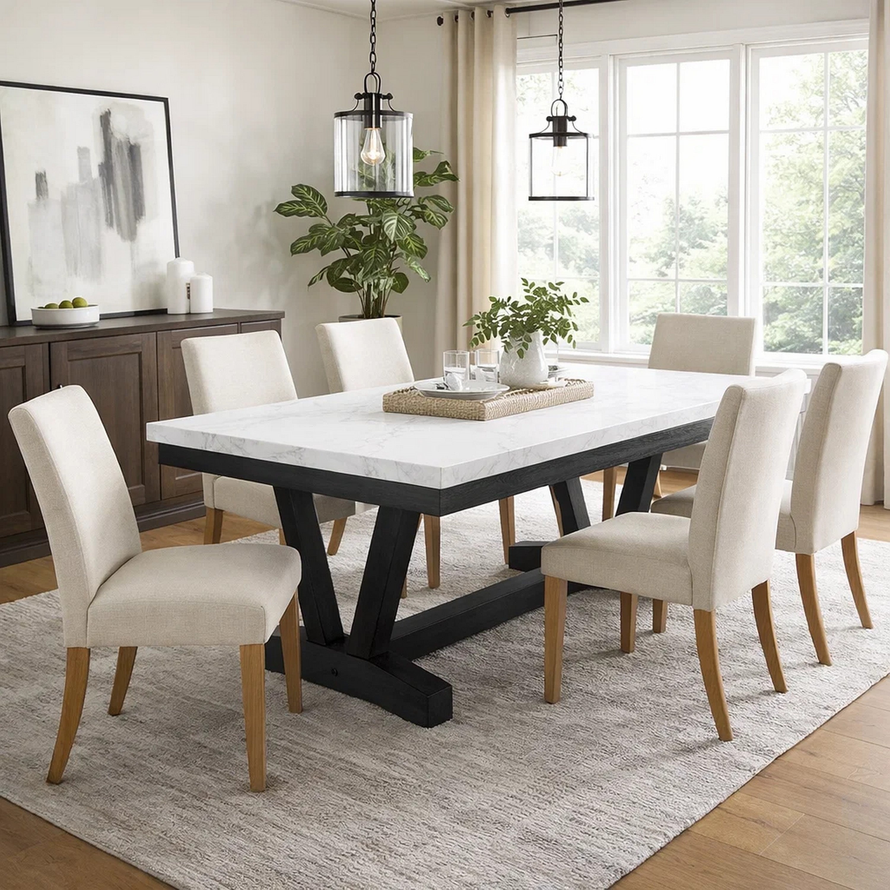 Viem Dining Table 72 Inch Rectangular White Marble Top Black Open Base