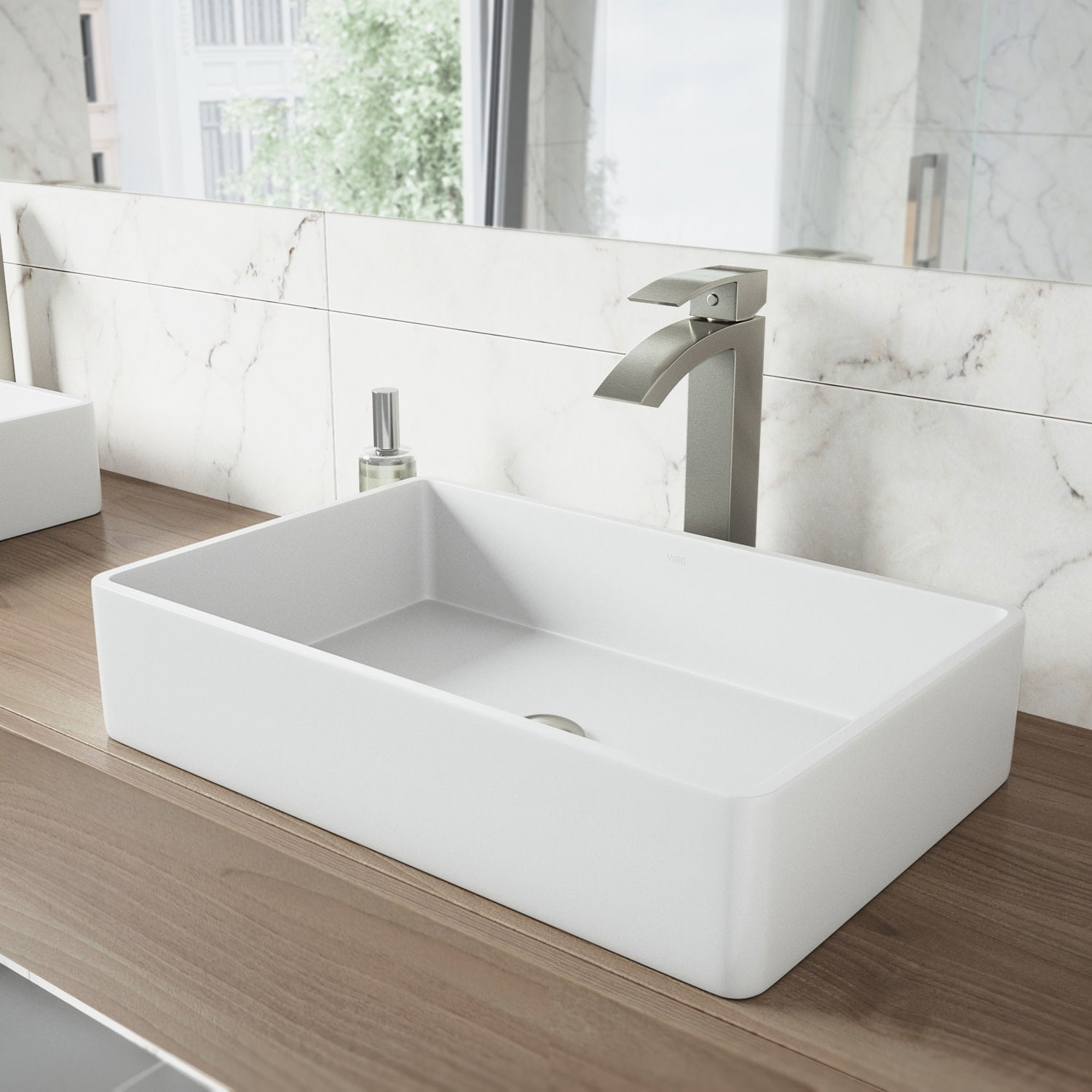 Vigo 21 1 16 Matte Stone Vessel Bathroom Sink With Single Hole Pvd Brushed Nickel