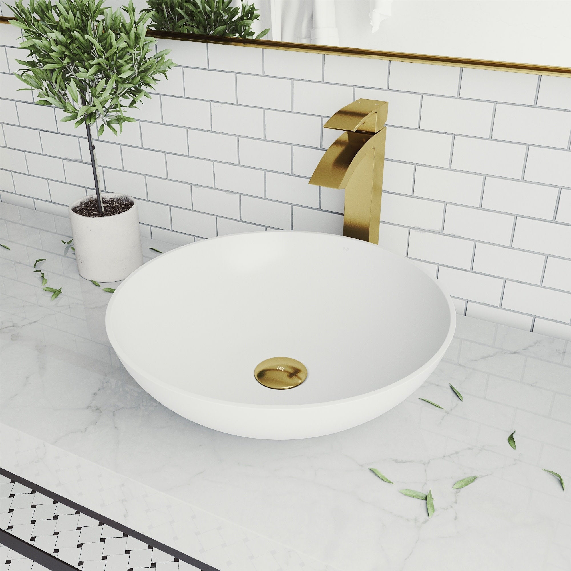 Vigo Vgt1459 Round Lotus Matte Stone Vessel Bathroom Sink Set With Duris Vessel 1 Handle Bathroom Faucet Set Matte Gold