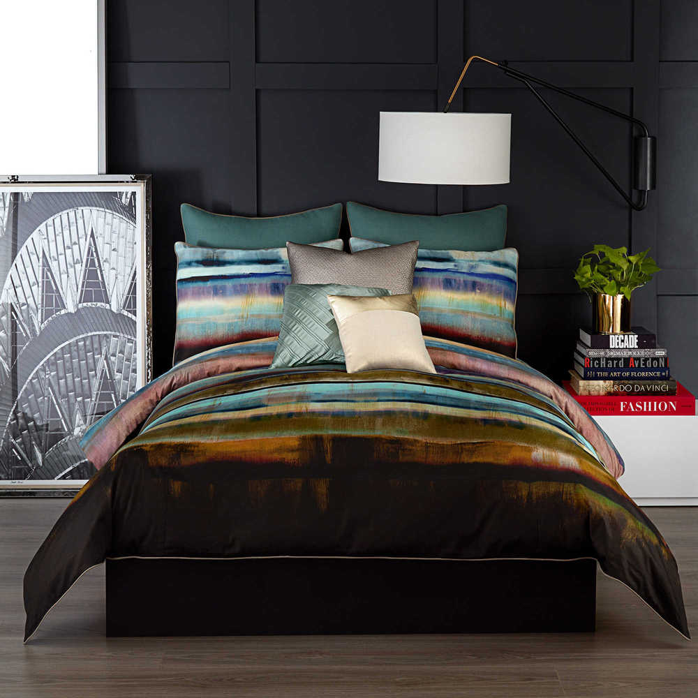 Vince Camuto Lille Striped Green And Gold Duvet Cover Set