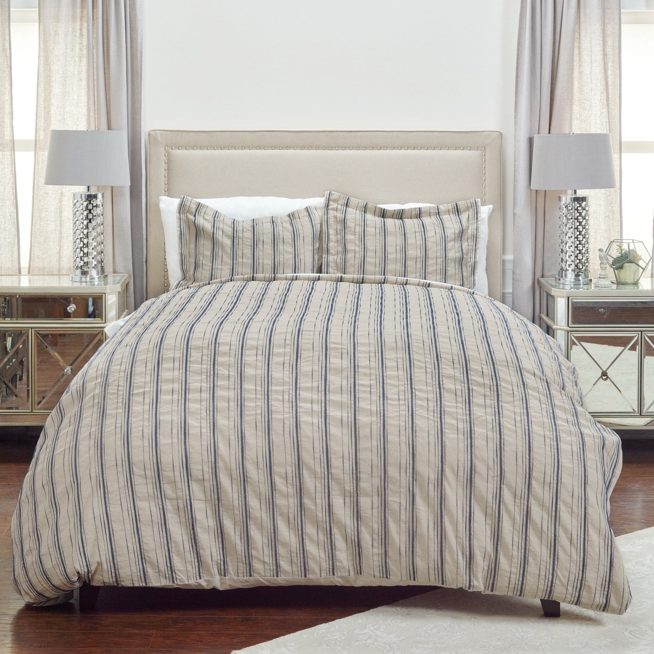 Vincent Iii Woven Stripe Linen Duvet In Natural Navy