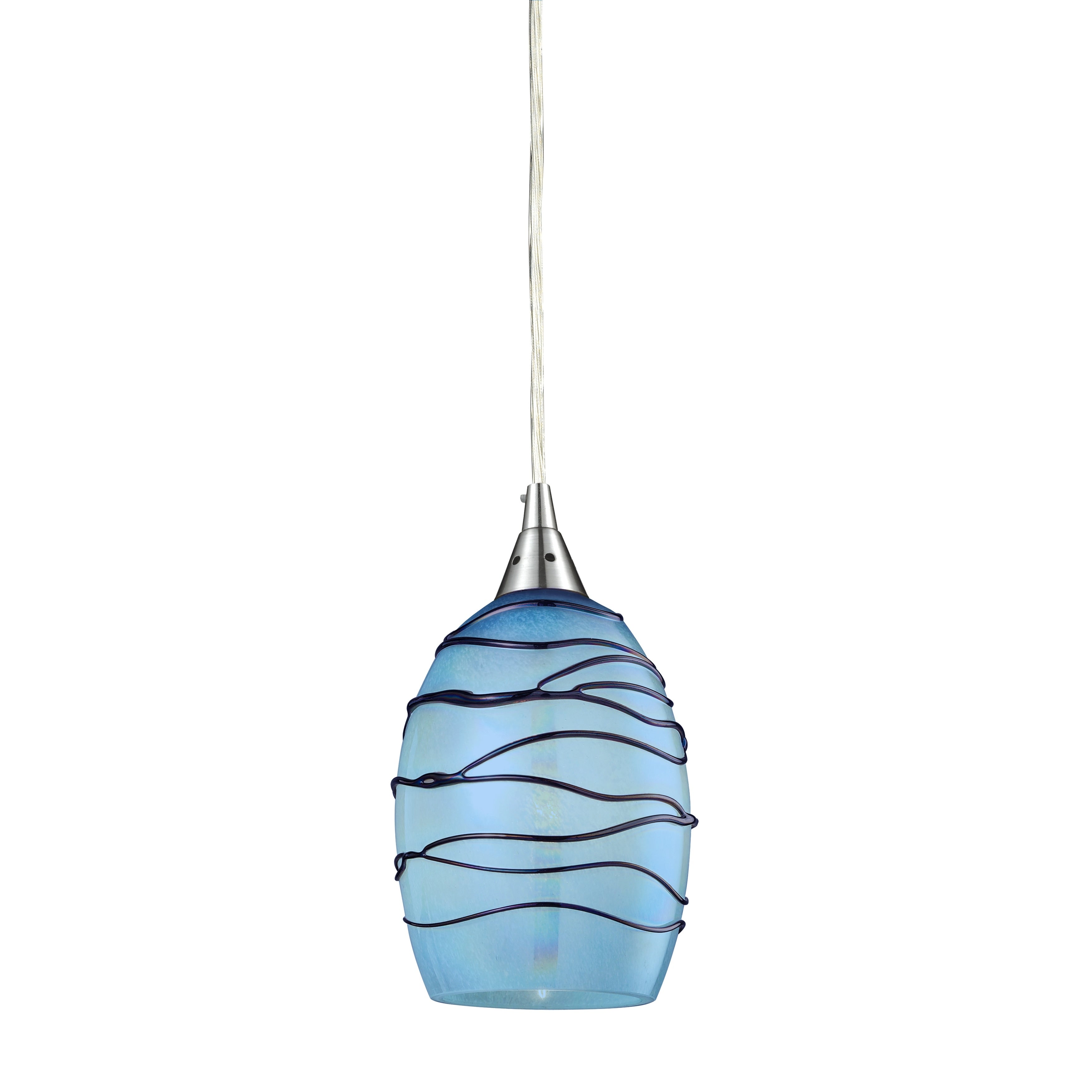 Vines 5 Inch Wide 1 Light Pendant In Satin Nickel With Blue Glass 5In W X 5In D X 8In H