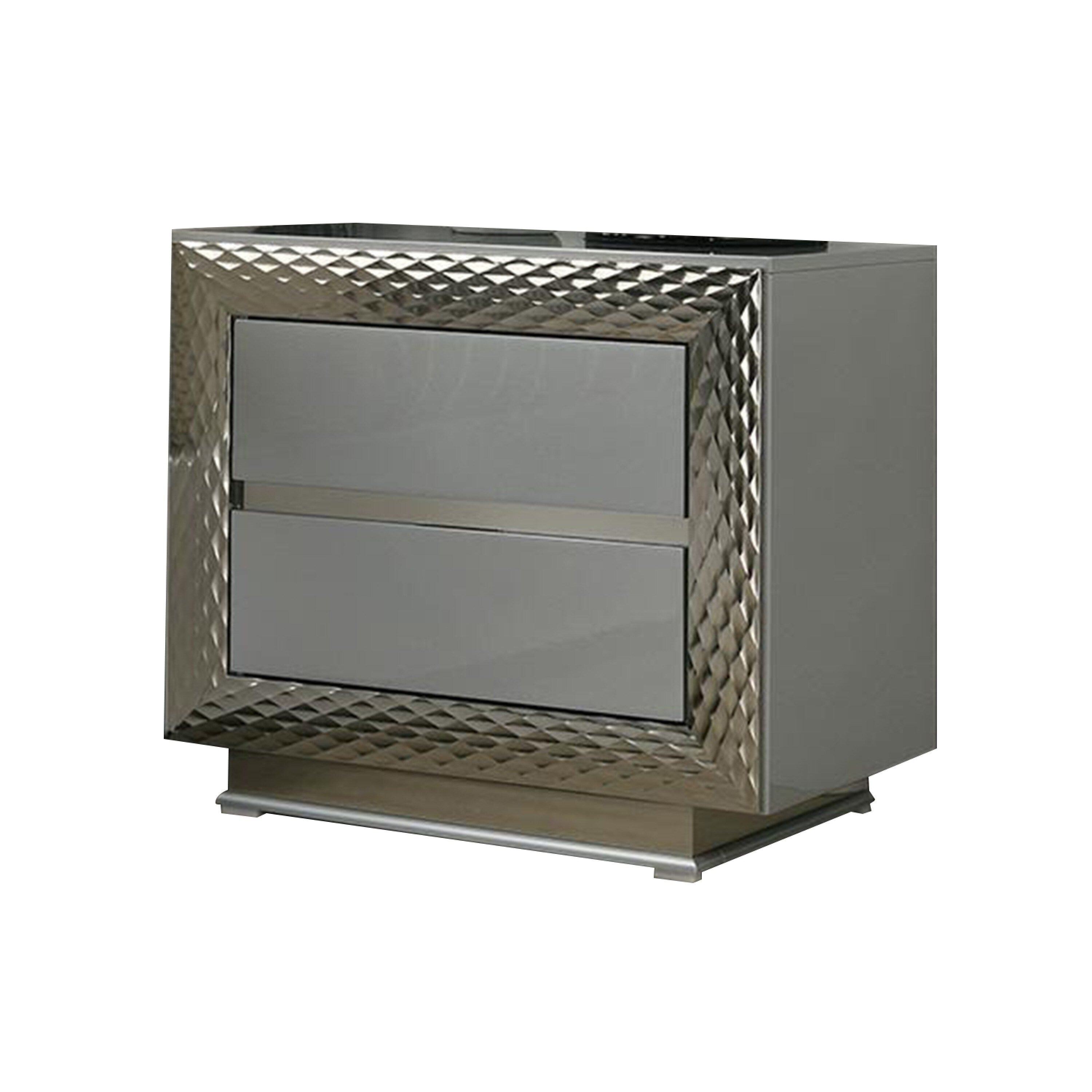 Vino 2 Drawer Nightstand Plinth Base Gray Wood Wity Silver Trim