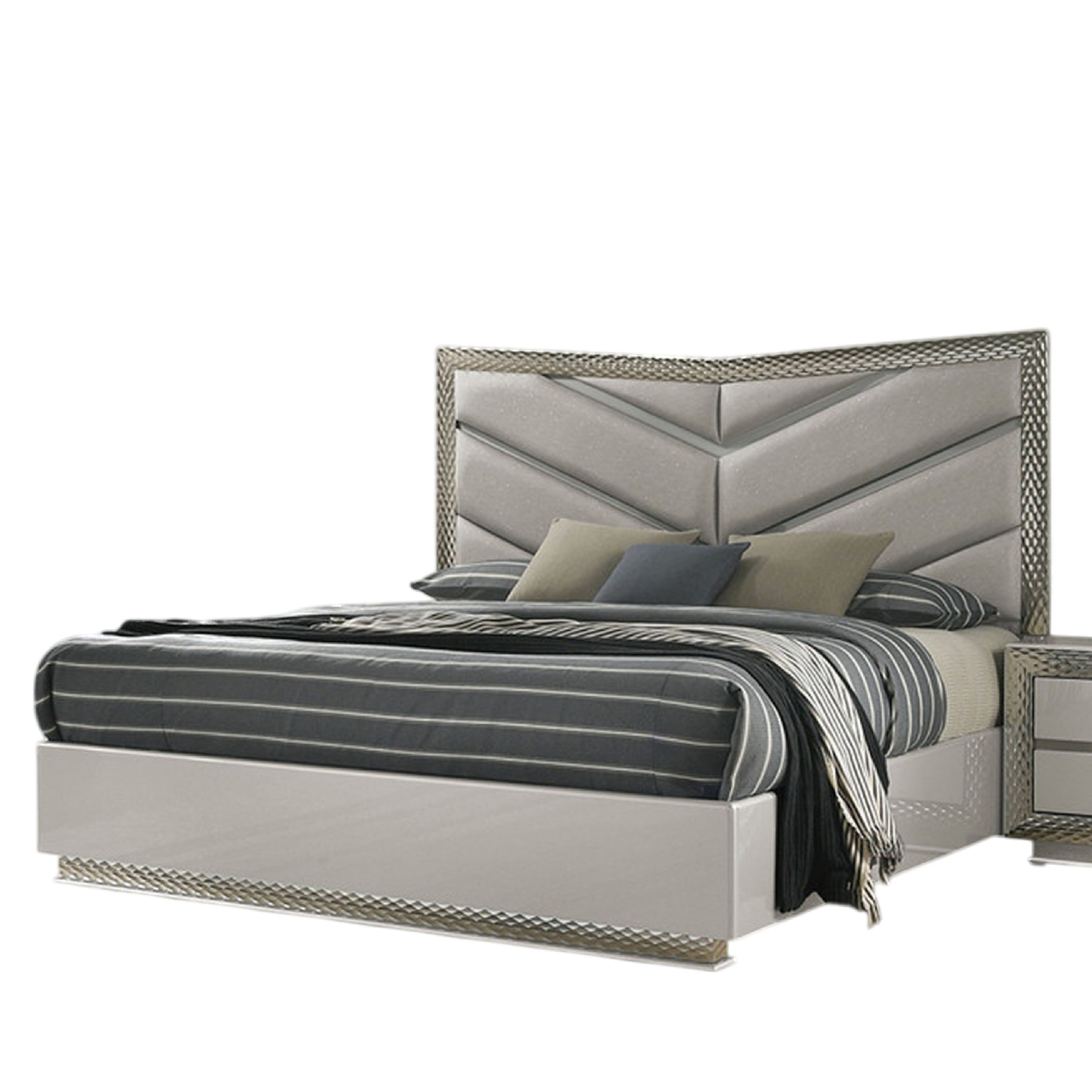 Vino King Bed Gray Chevron Satin Fabric Upholstered Solid Wood